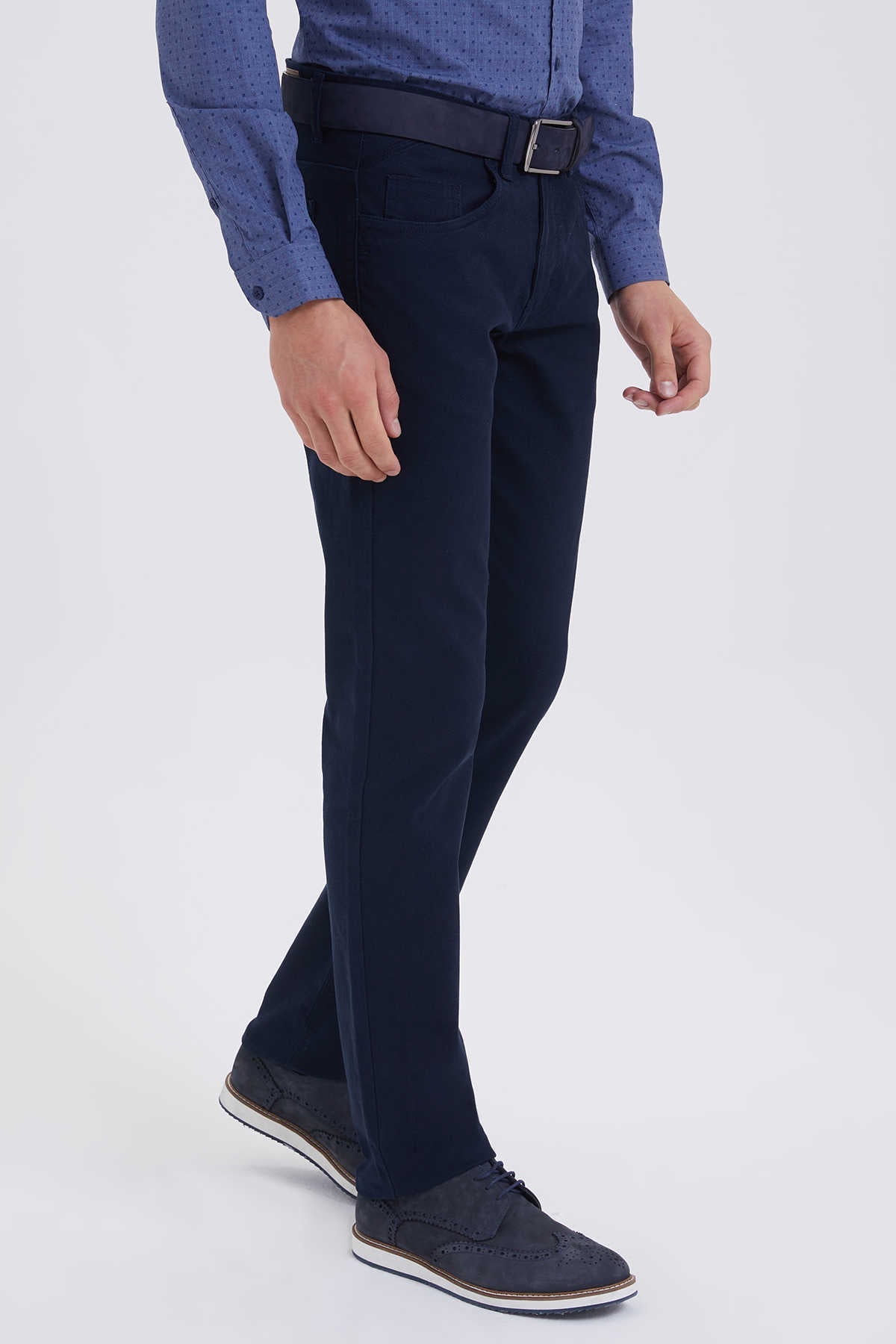 Regular Fit Low Waist Cotton Navy Casual Pants - SAYKI