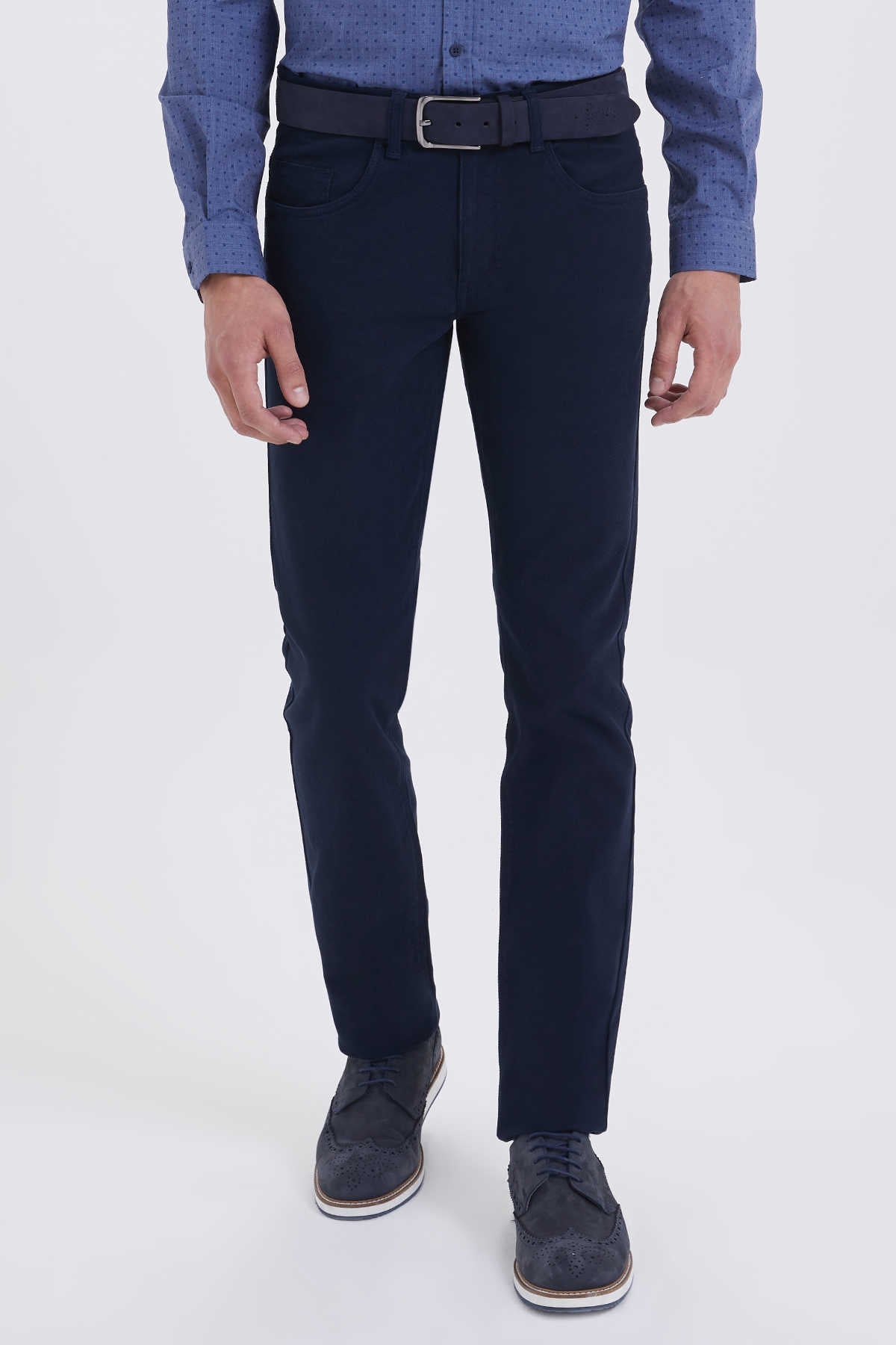 Navy blue slim-fit dress pants with a straight leg cut and subtle texture