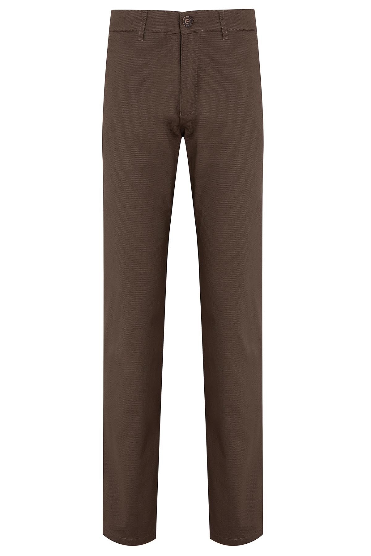 Brown chino trousers with a classic straight-leg cut and button closure.