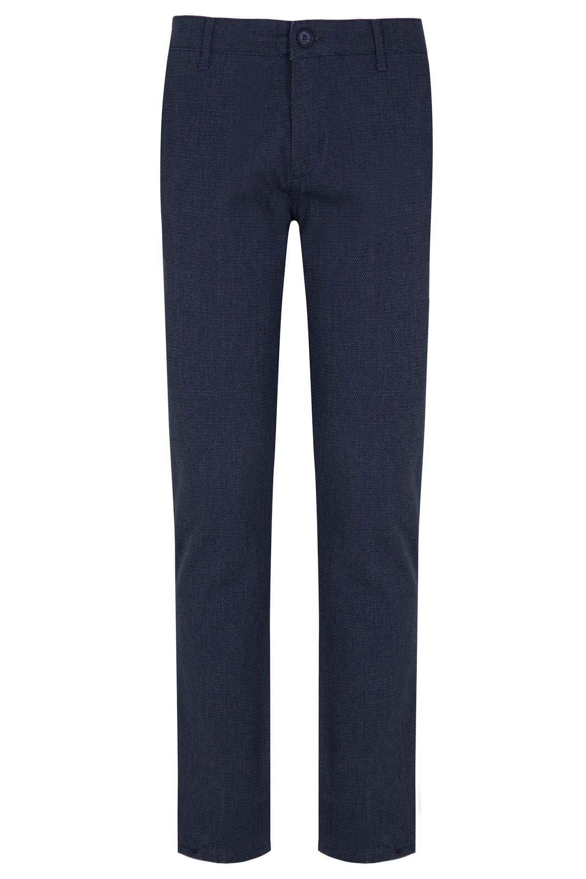 Dark blue textured men’s chinos with a subtle woven pattern and classic tapered fit.