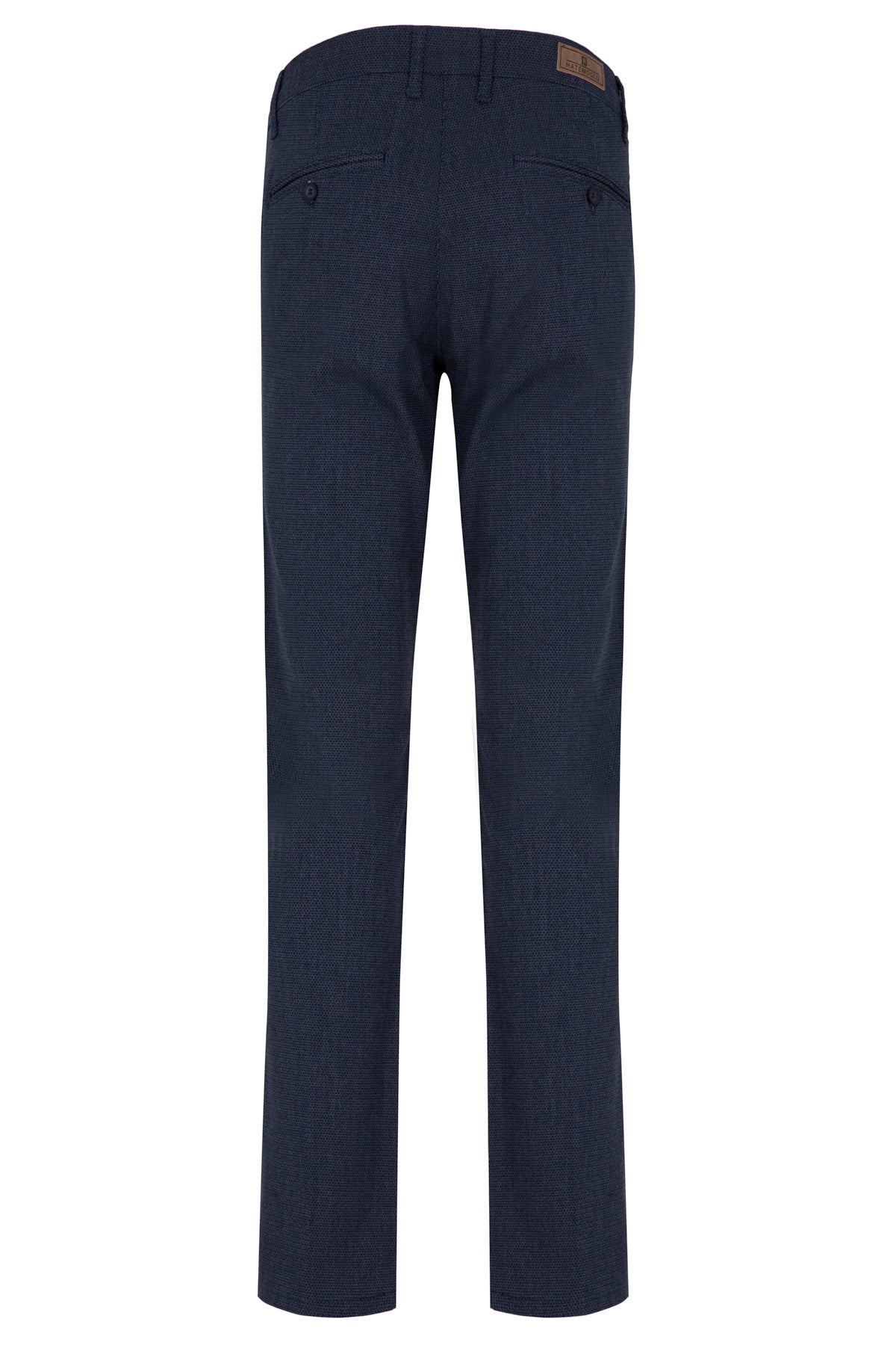 Dark blue textured chinos with a subtle pattern and a brown leather brand patch at the waistband.
