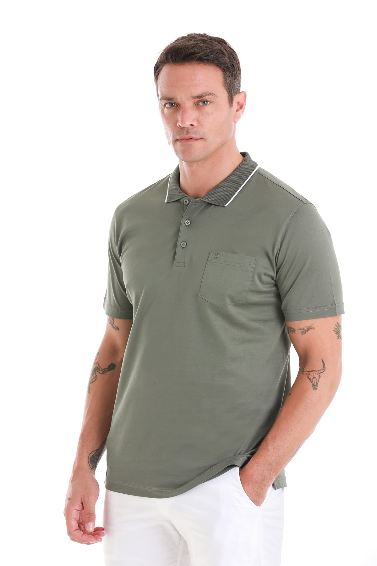 Olive green short-sleeved polo shirt with white trim on the collar and placket.