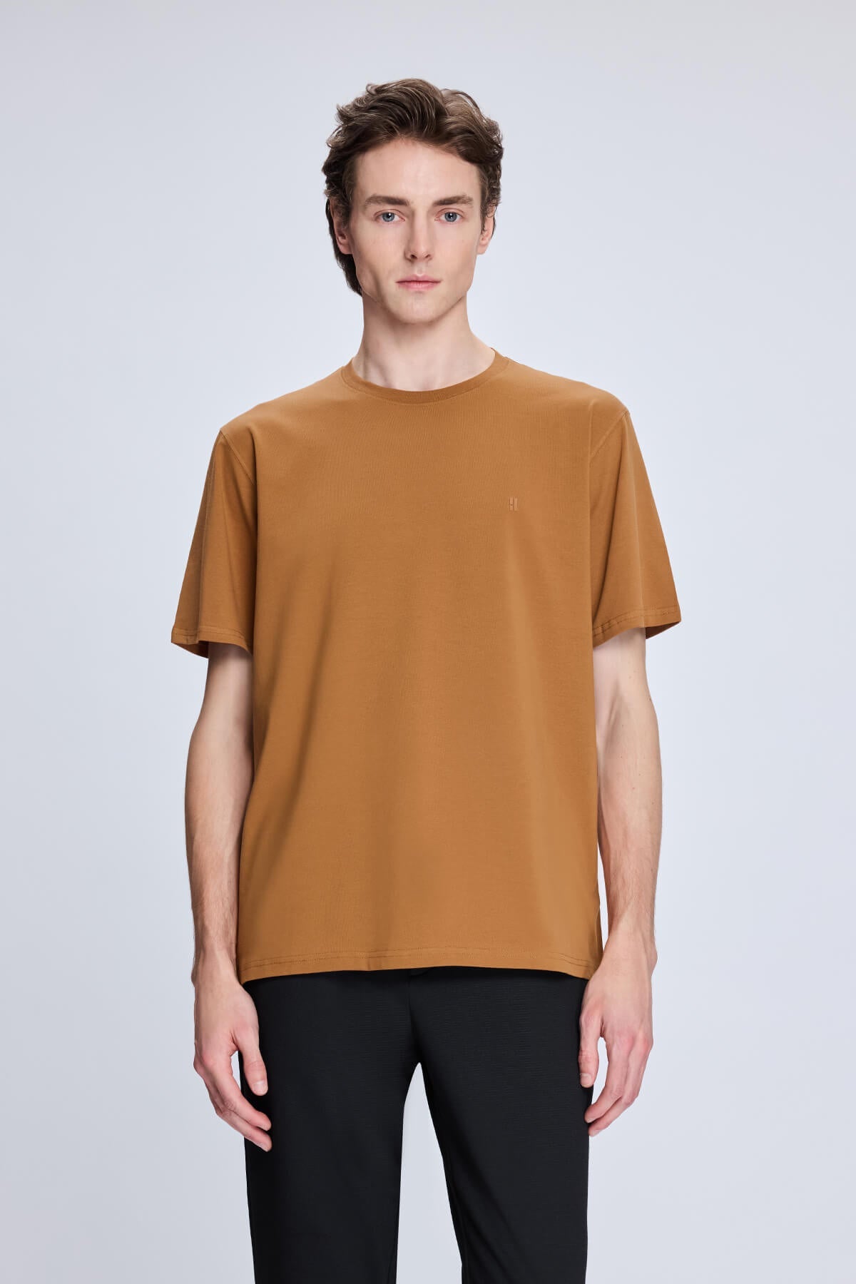 Regular Fit Mustard Cotton Blend Crewneck T-Shirt - SAYKI
