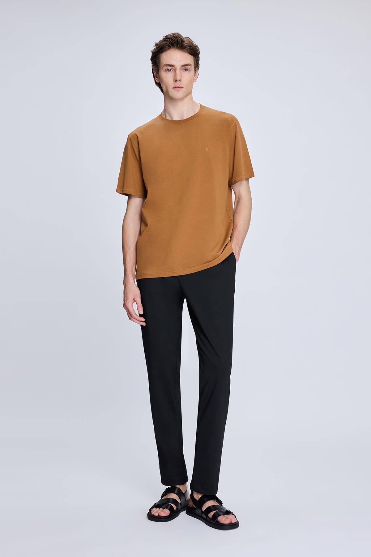 Regular Fit Mustard Cotton Blend Crewneck T-Shirt - SAYKI