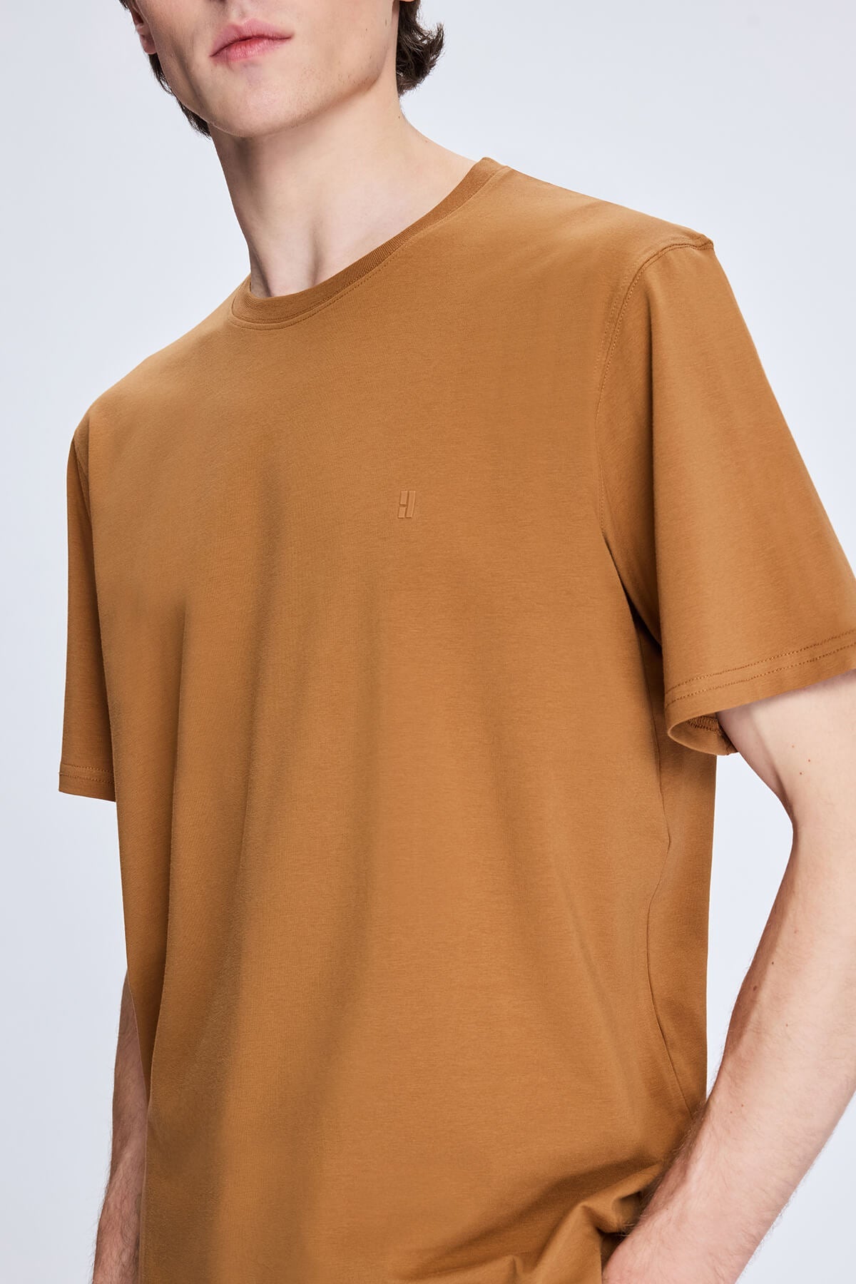 Regular Fit Mustard Cotton Blend Crewneck T-Shirt - SAYKI