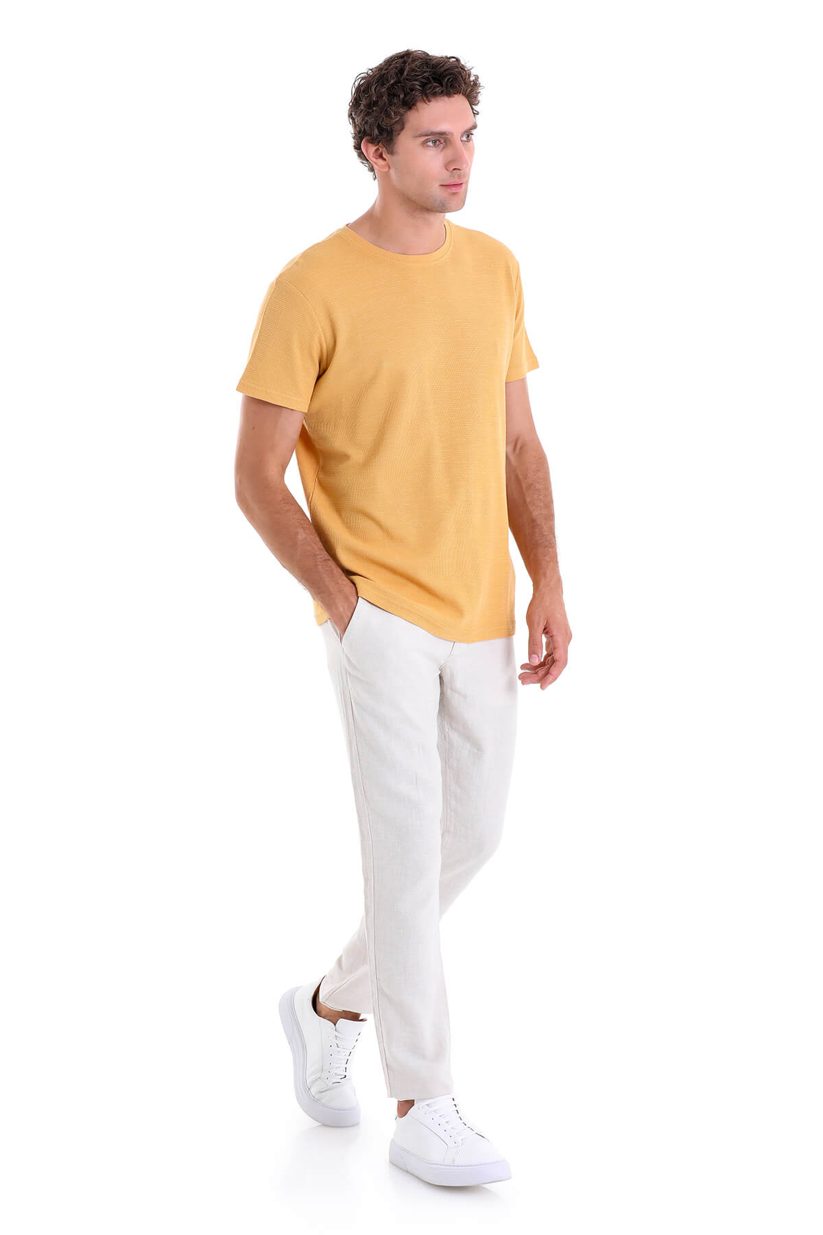 Regular Fit Mustard Cotton Crew Neck T-Shirt - SAYKI