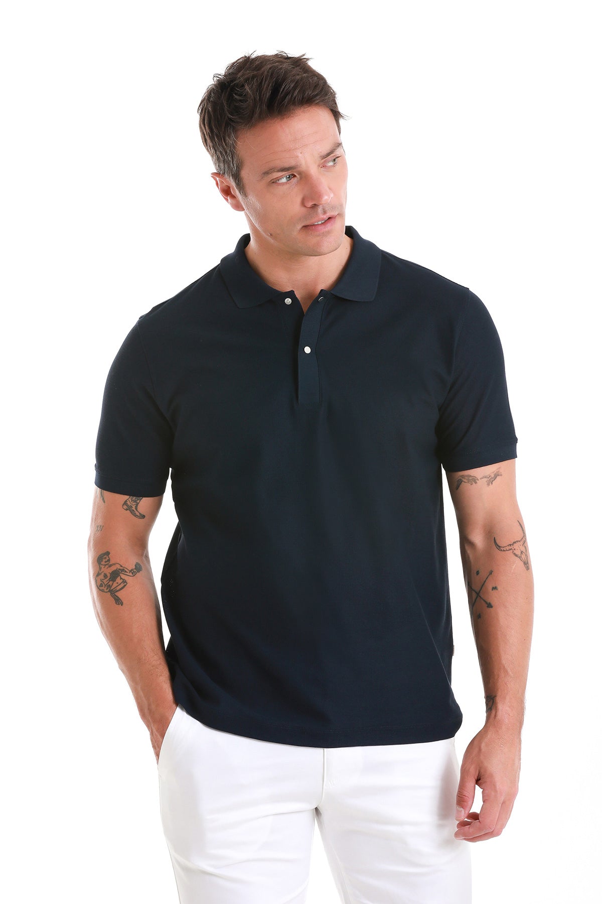 Regular Fit Navy 100% Cotton Mercerized Polo T-Shirt - SAYKI