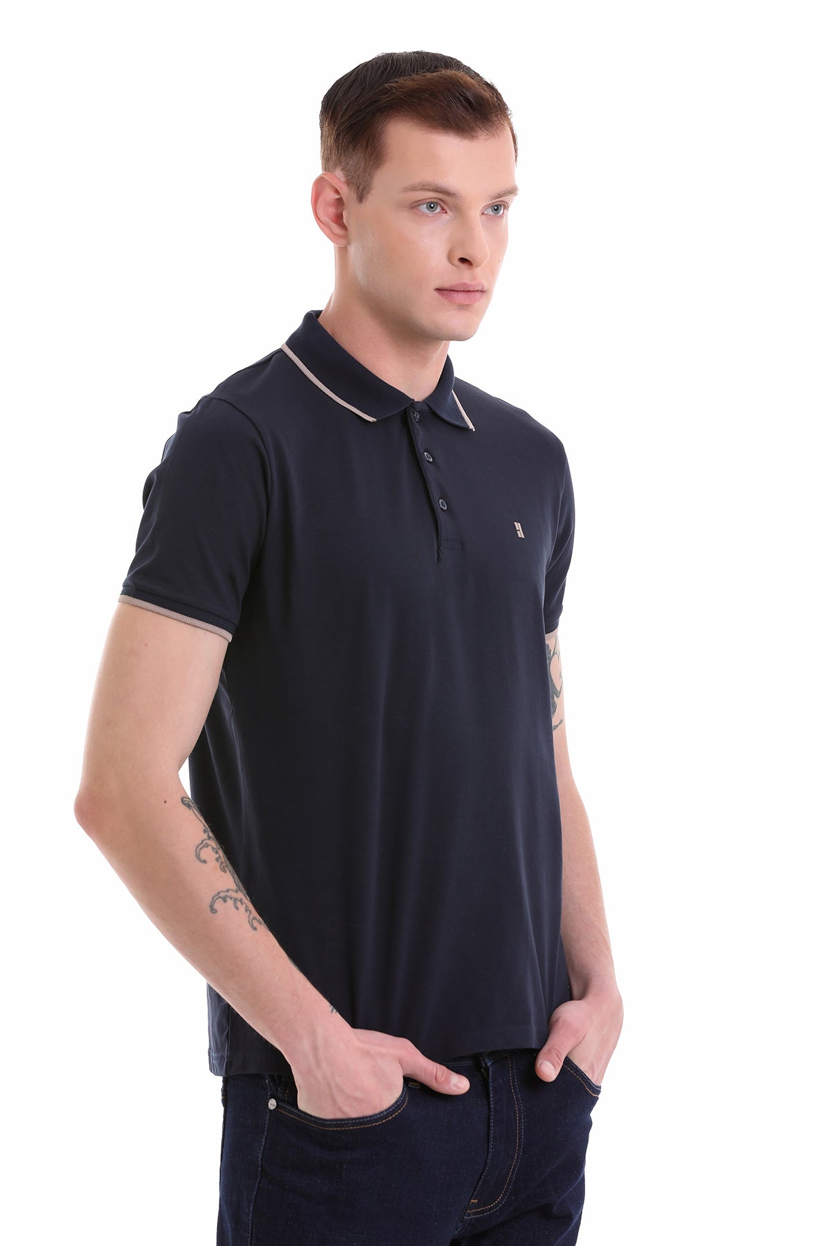 Regular Fit Navy 100% Cotton Polo T-Shirt - SAYKI