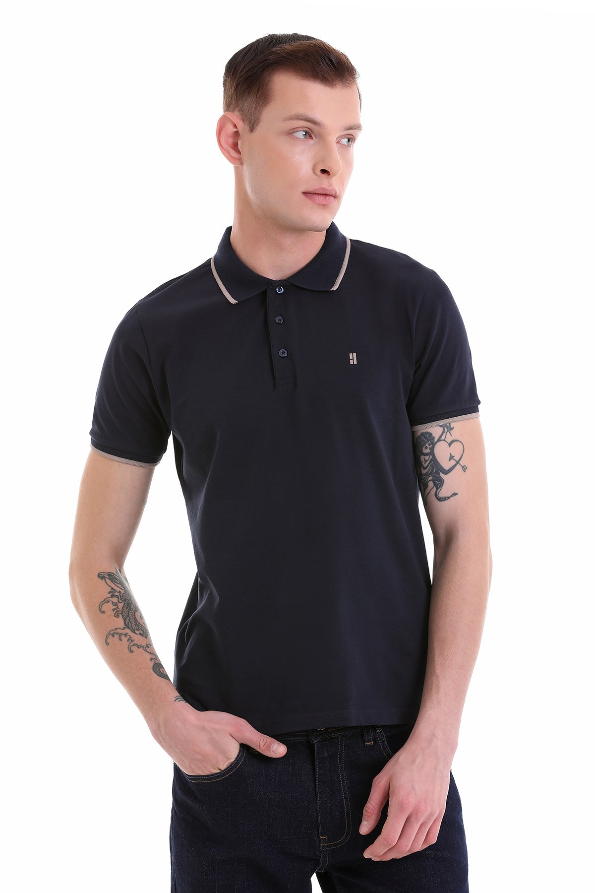 Regular Fit Navy 100% Cotton Polo T-Shirt - SAYKI