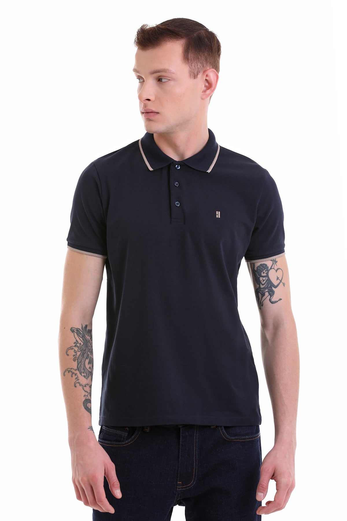 Black short-sleeved polo shirt with white trim on the collar and sleeve cuffs, featuring a small embroidered logo on the left chest.