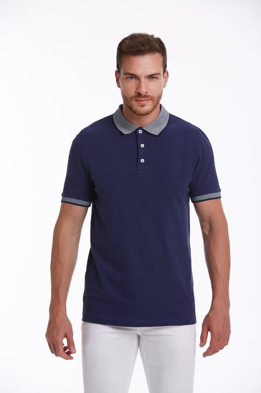 Navy blue short-sleeved polo shirt with gray collar and sleeve trim