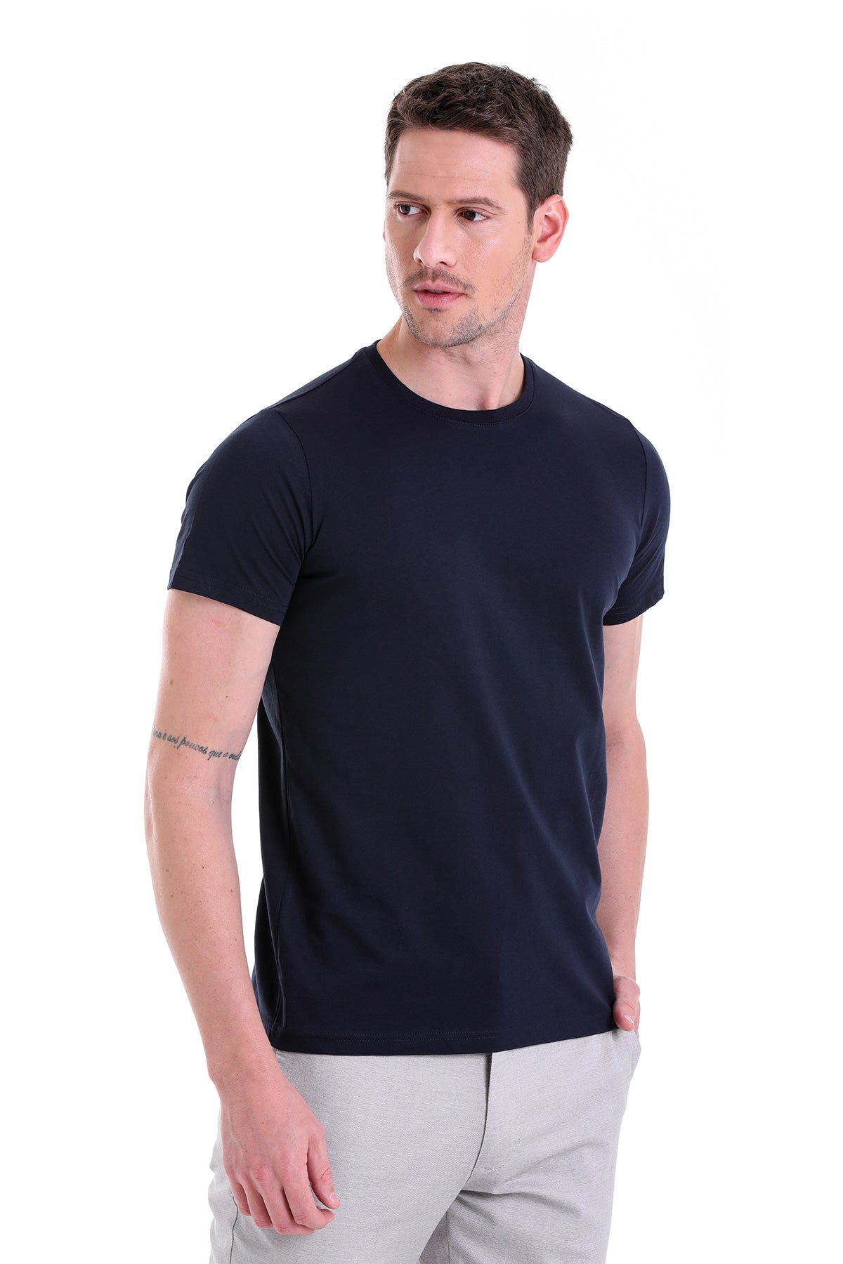 Regular Fit Navy Basic Cotton Crew Neck T-Shirt - SAYKI