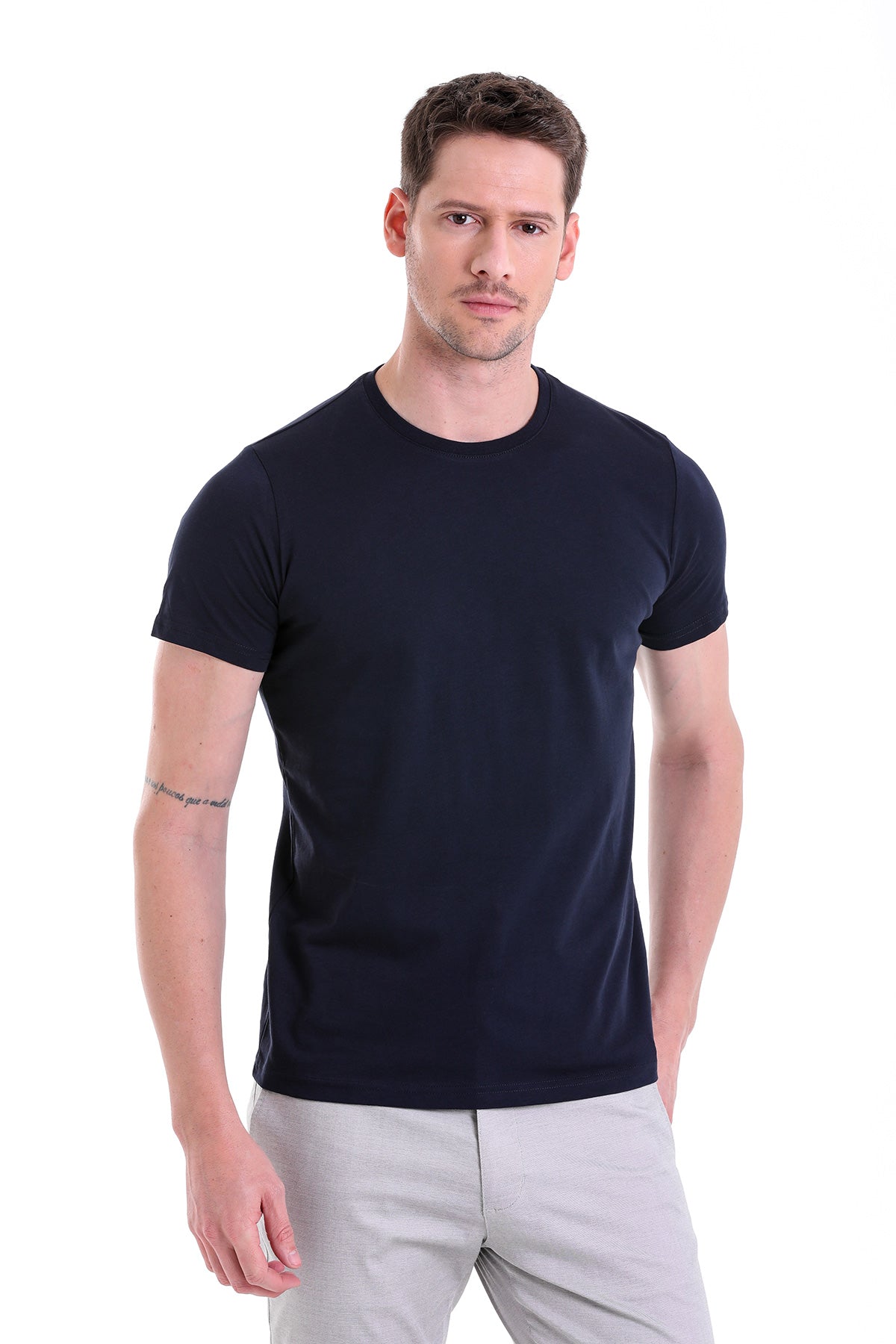 Regular Fit Navy Basic Cotton Crew Neck T-Shirt - SAYKI
