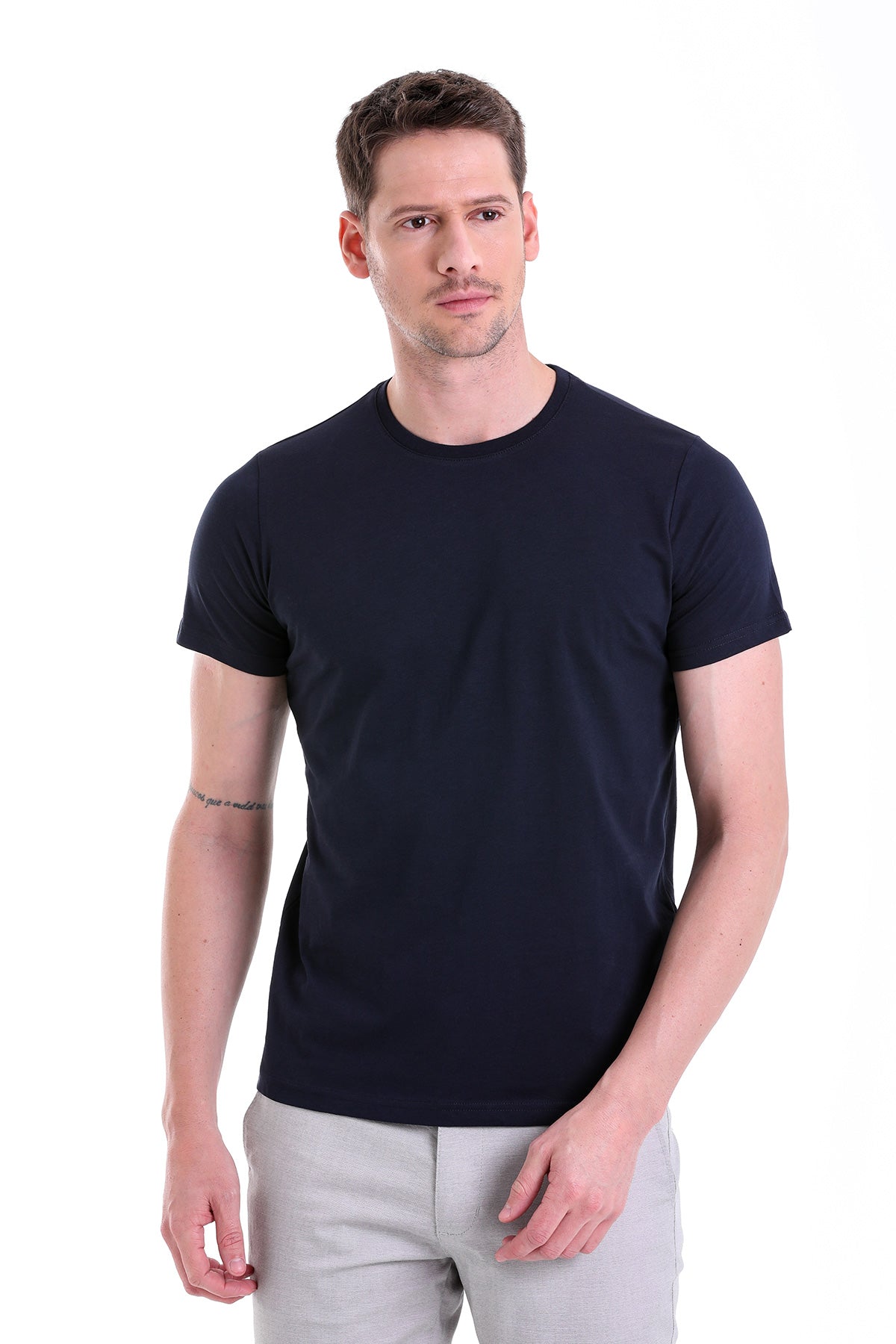 Regular Fit Navy Basic Cotton Crew Neck T-Shirt - SAYKI