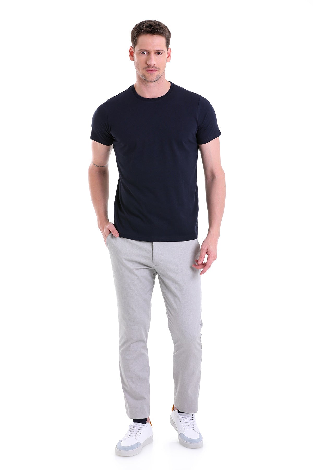 Regular Fit Navy Basic Cotton Crew Neck T-Shirt - SAYKI