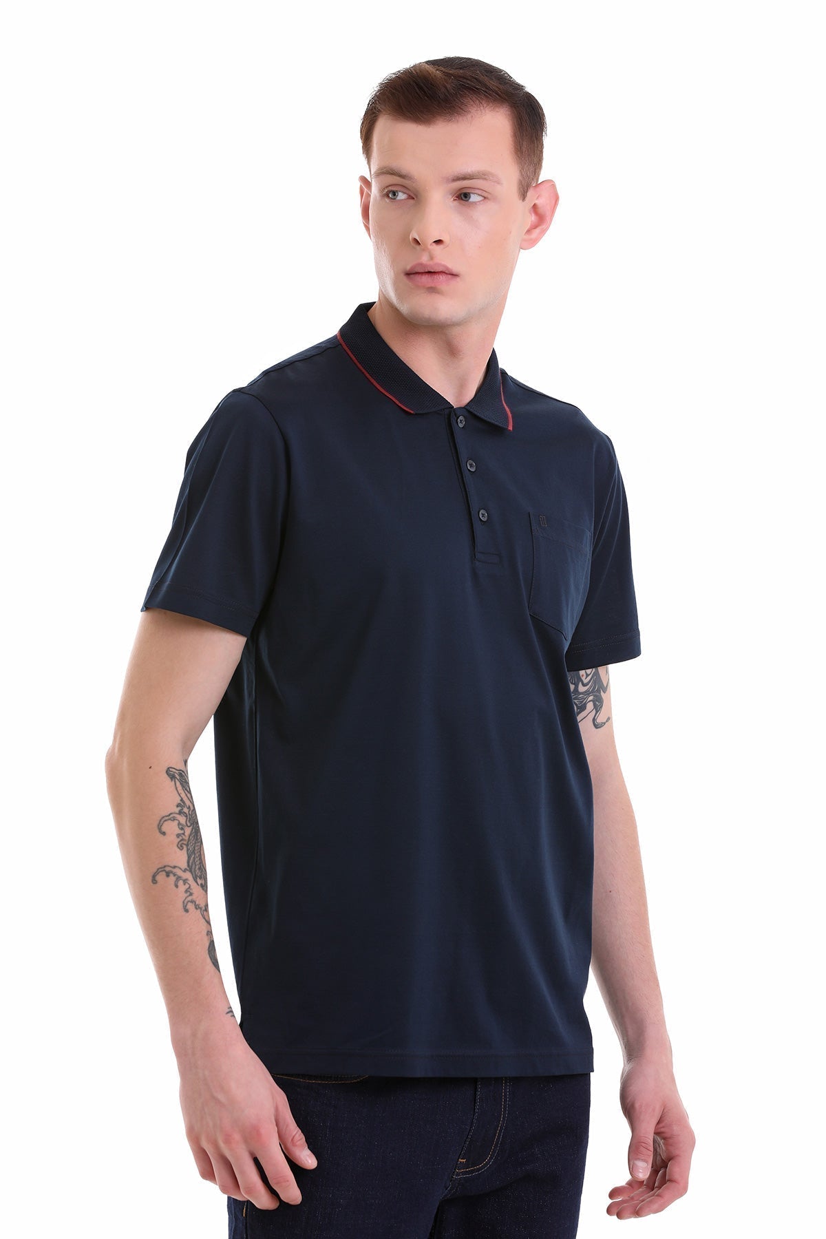 Regular Fit Navy Basic Cotton Polo T-Shirt - SAYKI