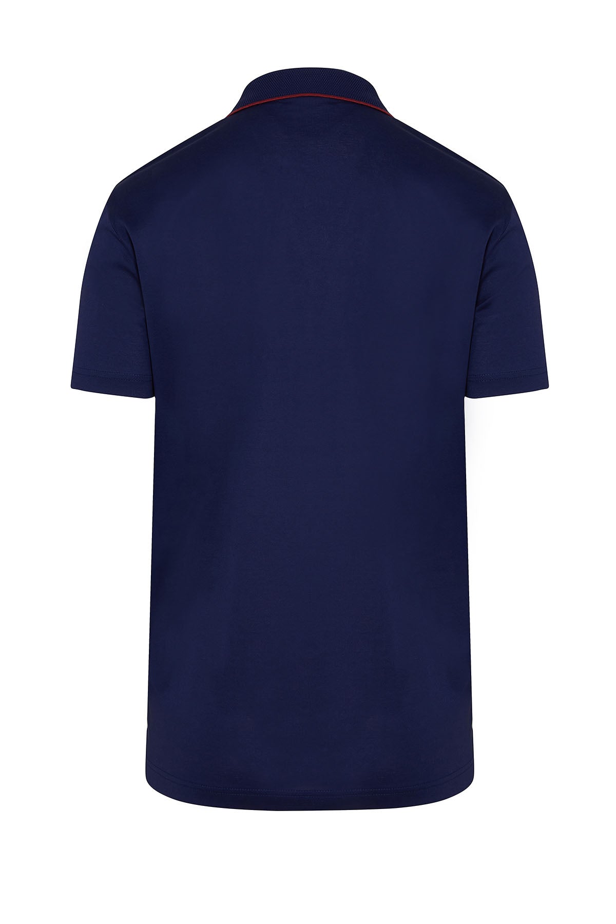 Navy blue short-sleeved polo shirt with red trim along the collar.