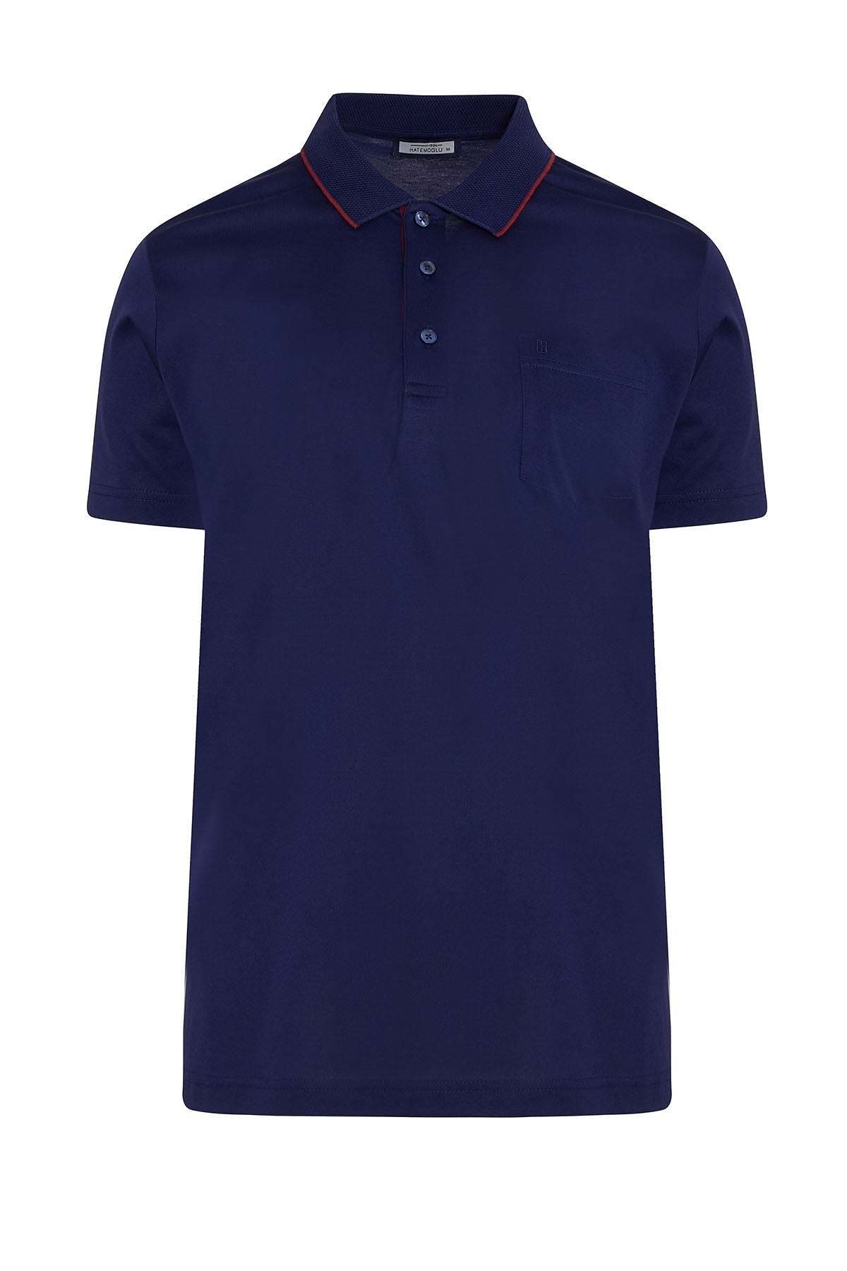 Navy blue short-sleeved polo shirt with red trim along the collar and placket.