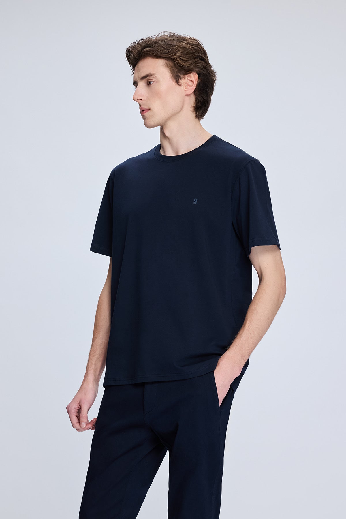 Regular Fit Navy Cotton Blend Crewneck T-Shirt - SAYKI