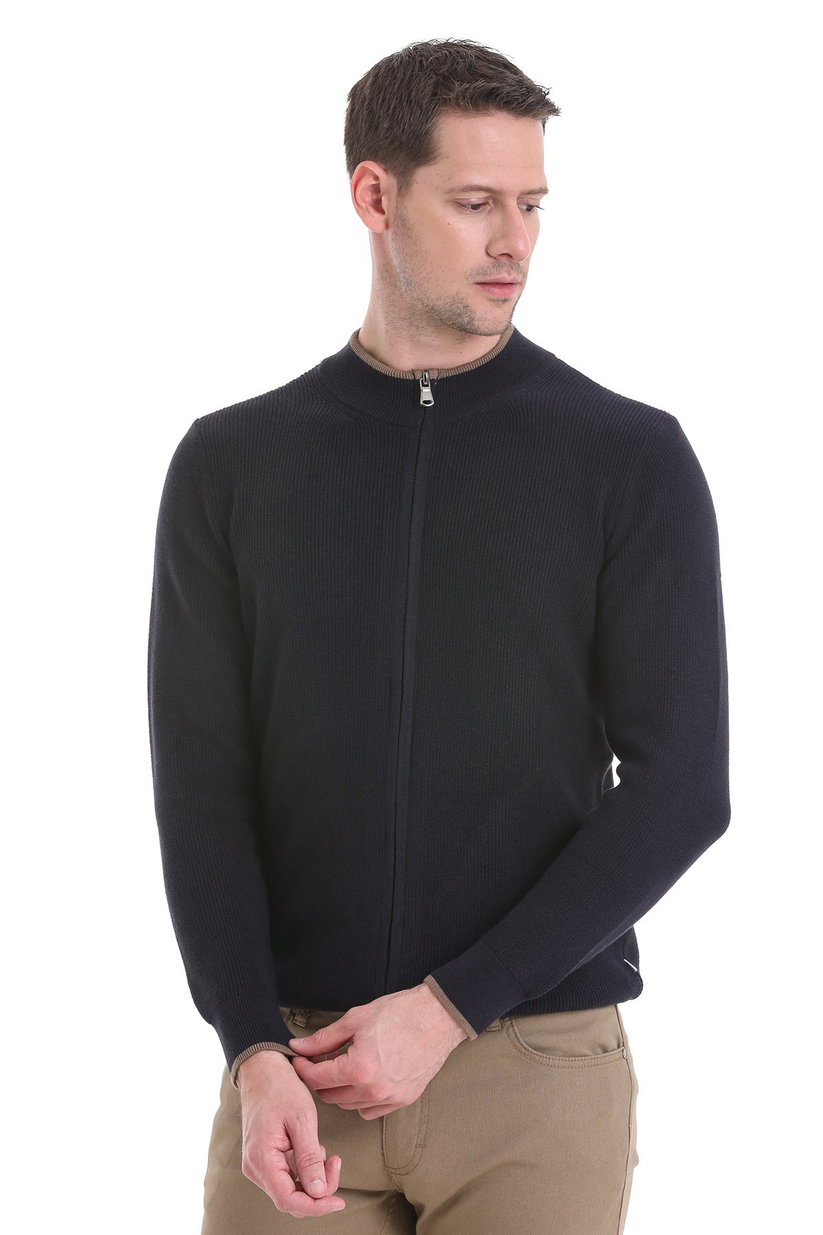 Regular Fit Navy Cotton Blend Mock Neck Cardigan - SAYKI