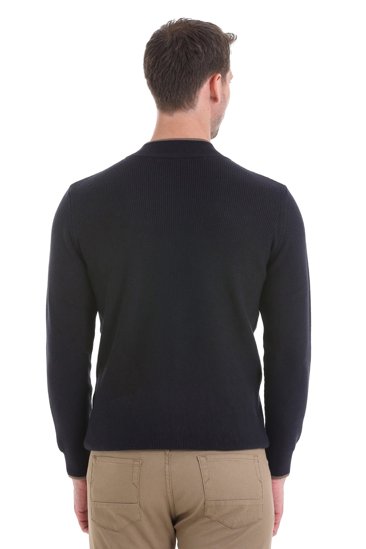 Regular Fit Navy Cotton Blend Mock Neck Cardigan - SAYKI