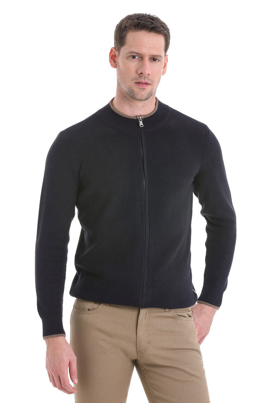 Black ribbed knit zip-up sweater with a subtle textured pattern and contrasting tan trim at the collar.