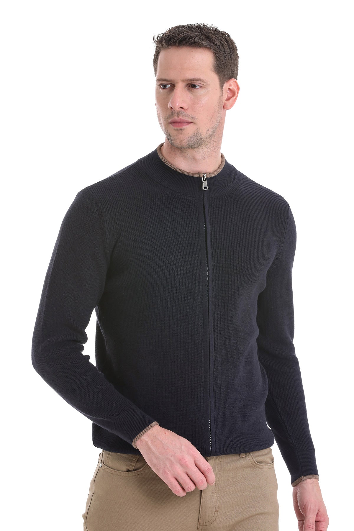 Regular Fit Navy Cotton Blend Mock Neck Cardigan - SAYKI