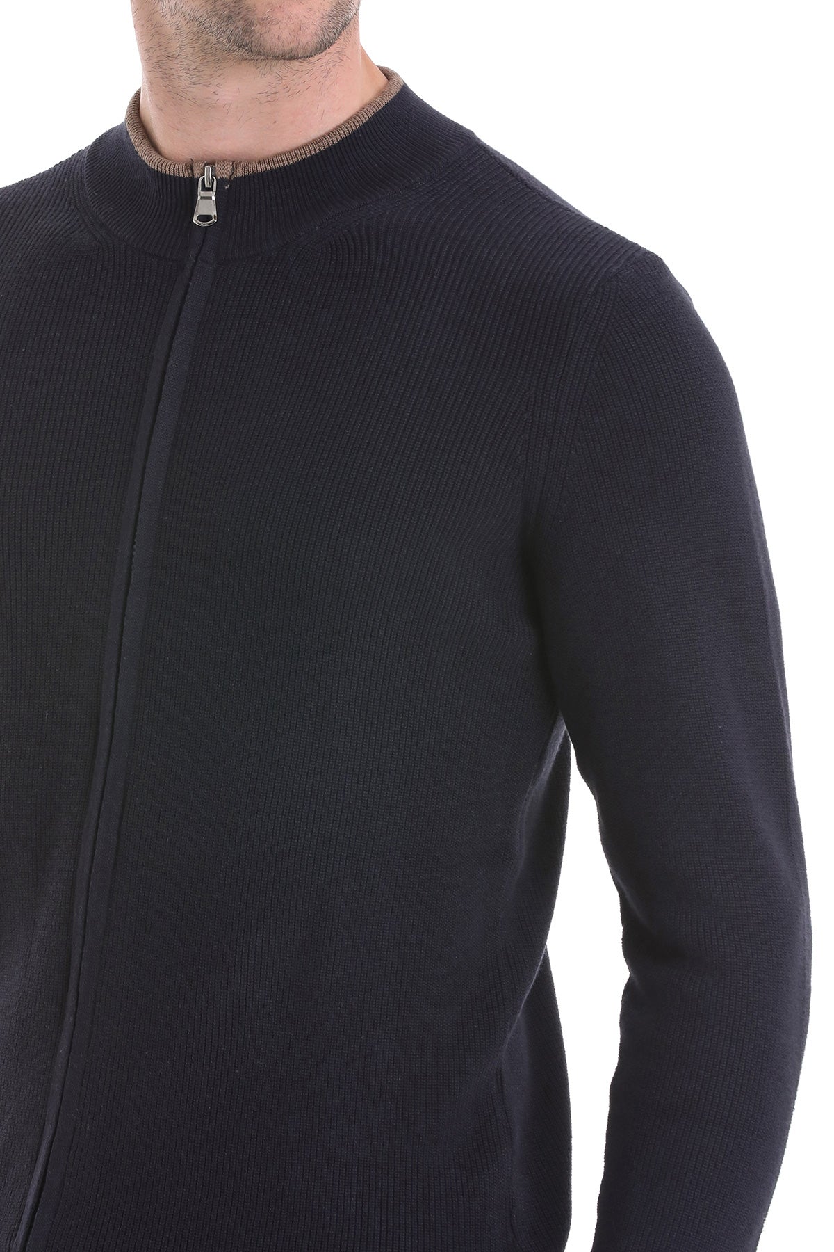 Regular Fit Navy Cotton Blend Mock Neck Cardigan - SAYKI