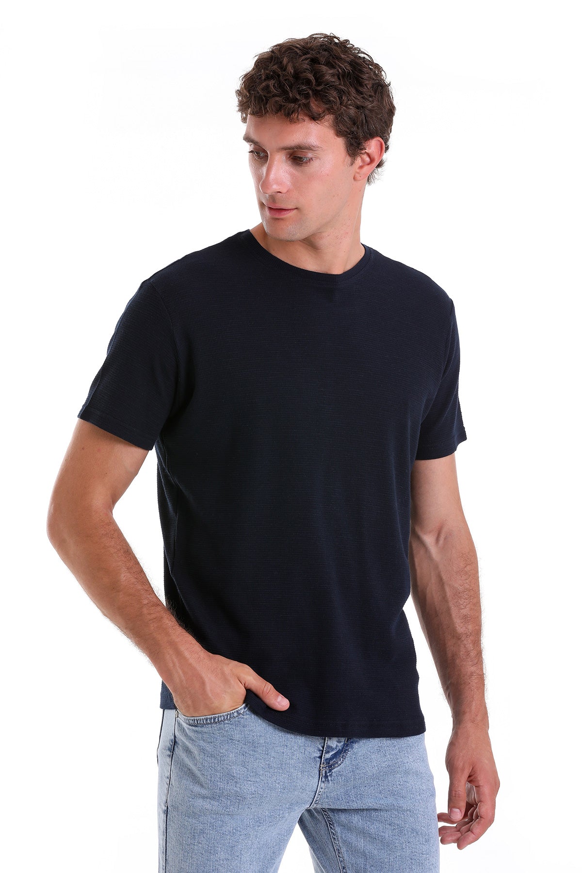 Regular Fit Navy Cotton Crew Neck T-Shirt - SAYKI