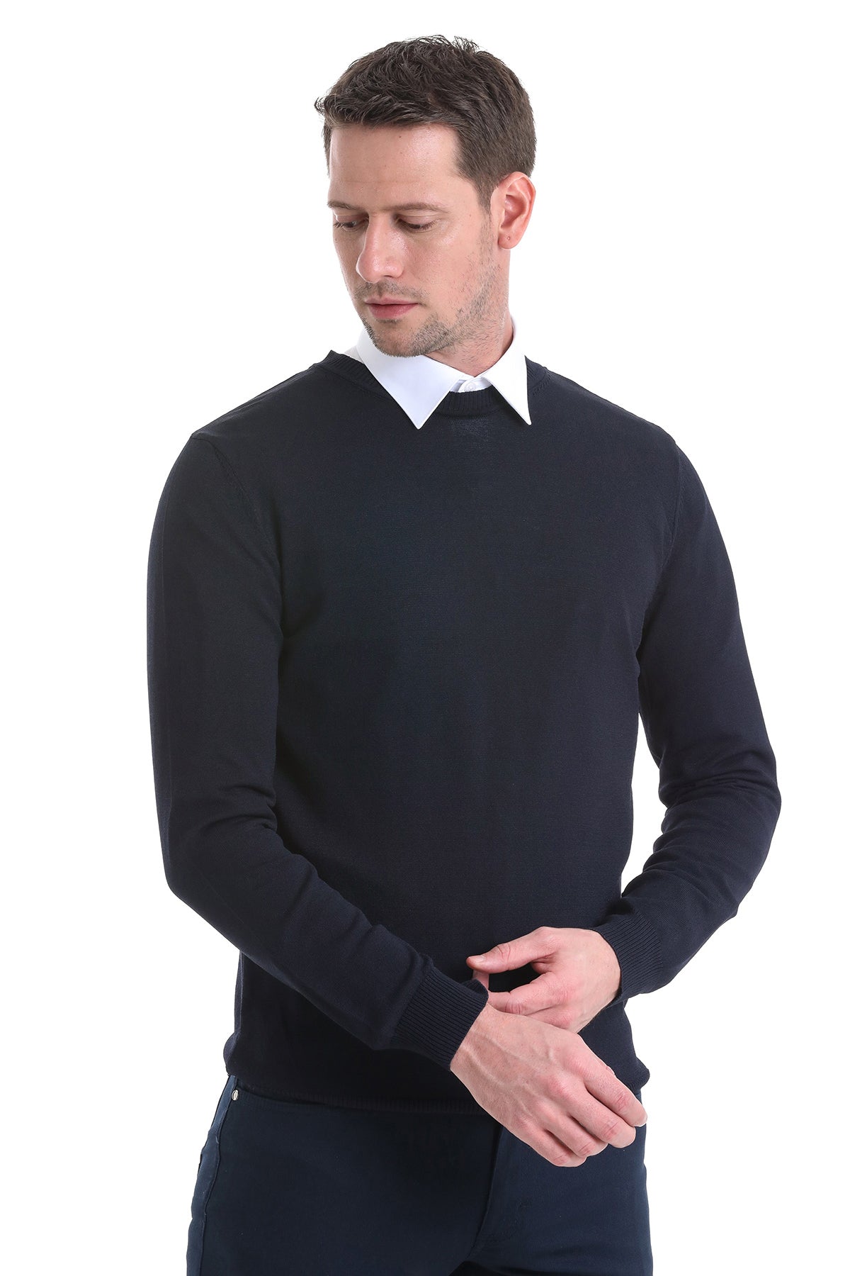 Regular Fit Navy Crewneck Sweater - SAYKI
