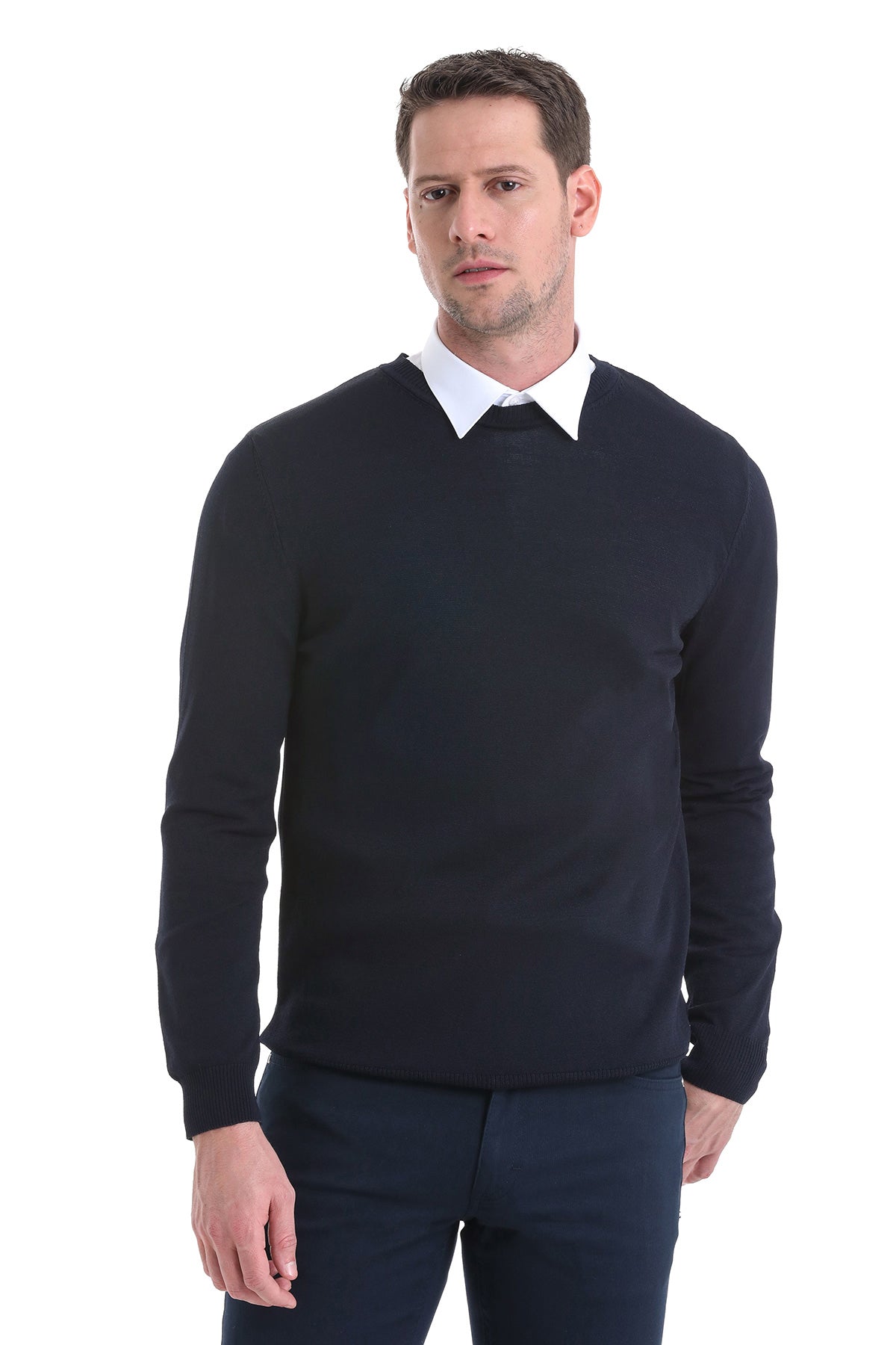 Black crewneck sweater with a subtle ribbed texture and neatly folded collar.