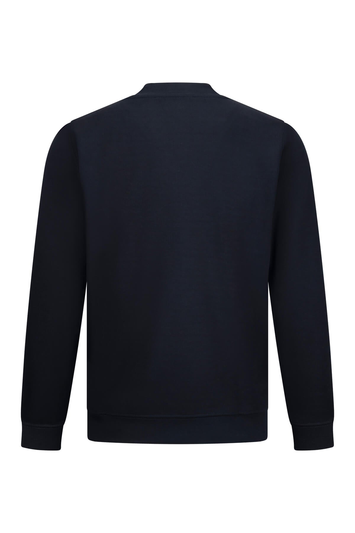 Black crewneck sweatshirt with ribbed cuffs and hem.