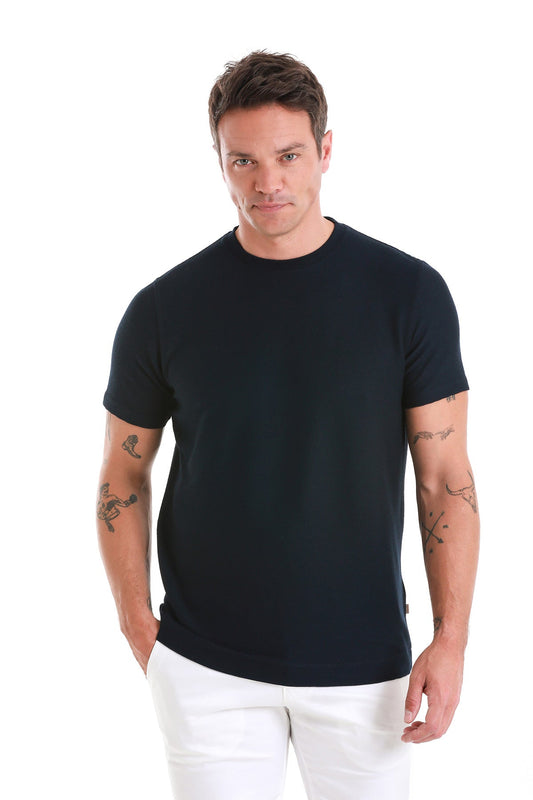Black short-sleeved crew neck t-shirt.
