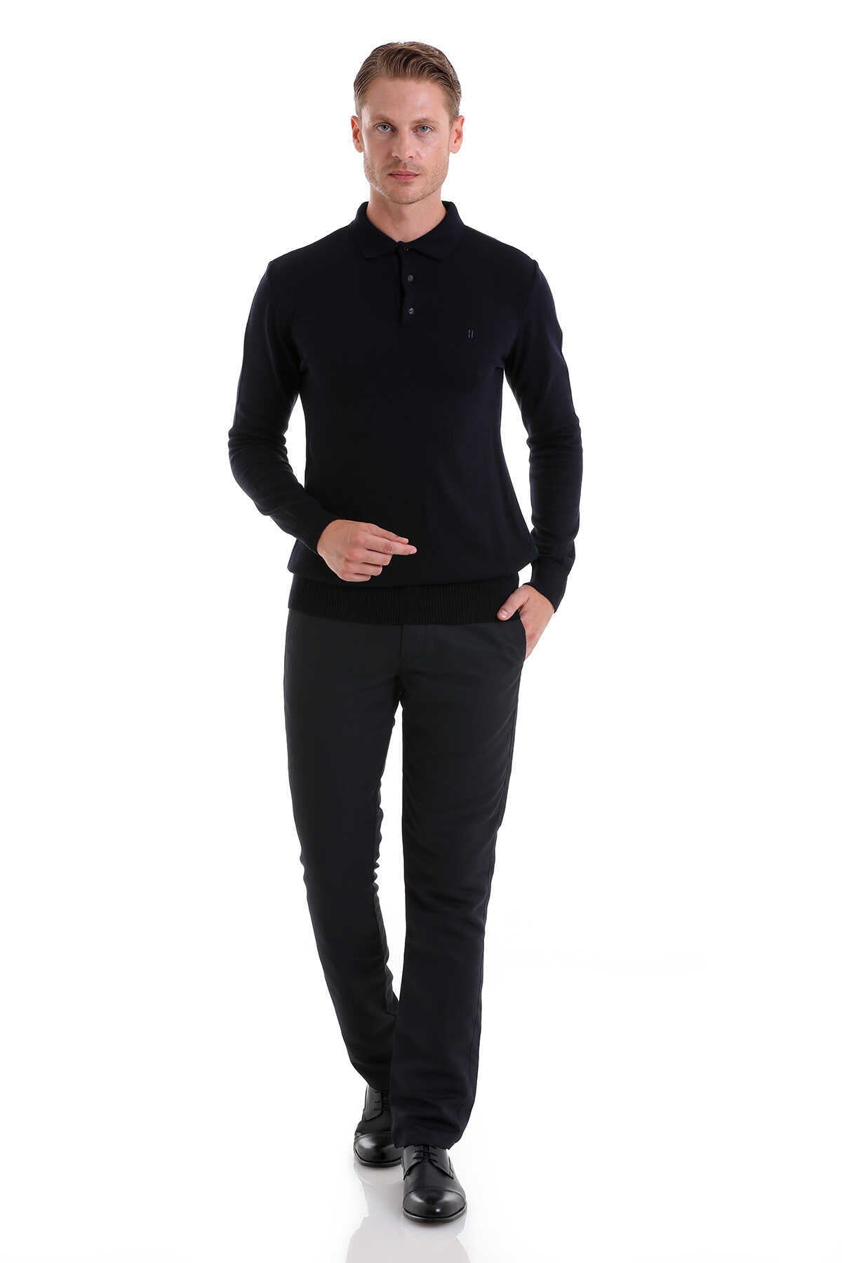 Regular Fit Navy Knit Polo Sweater - SAYKI