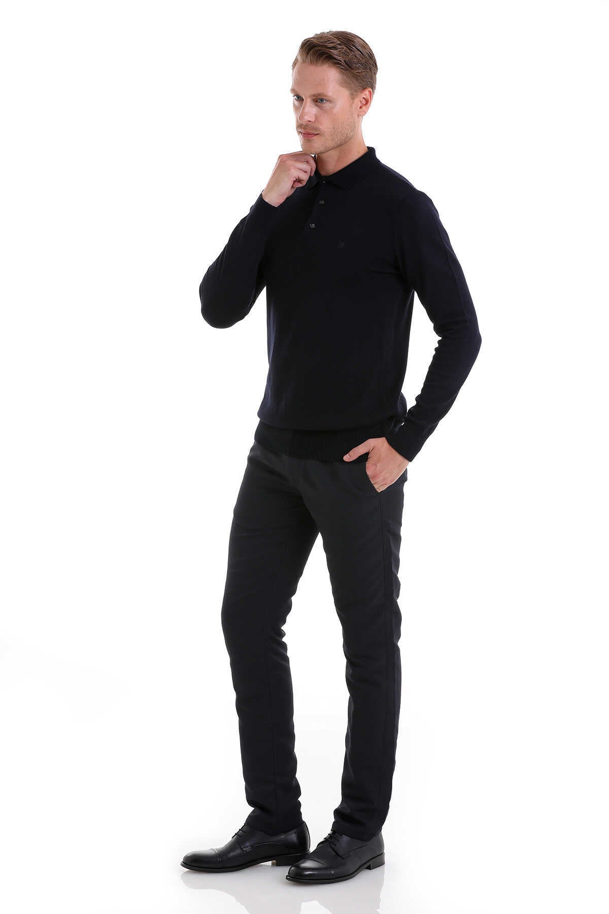 Regular Fit Navy Knit Polo Sweater - SAYKI