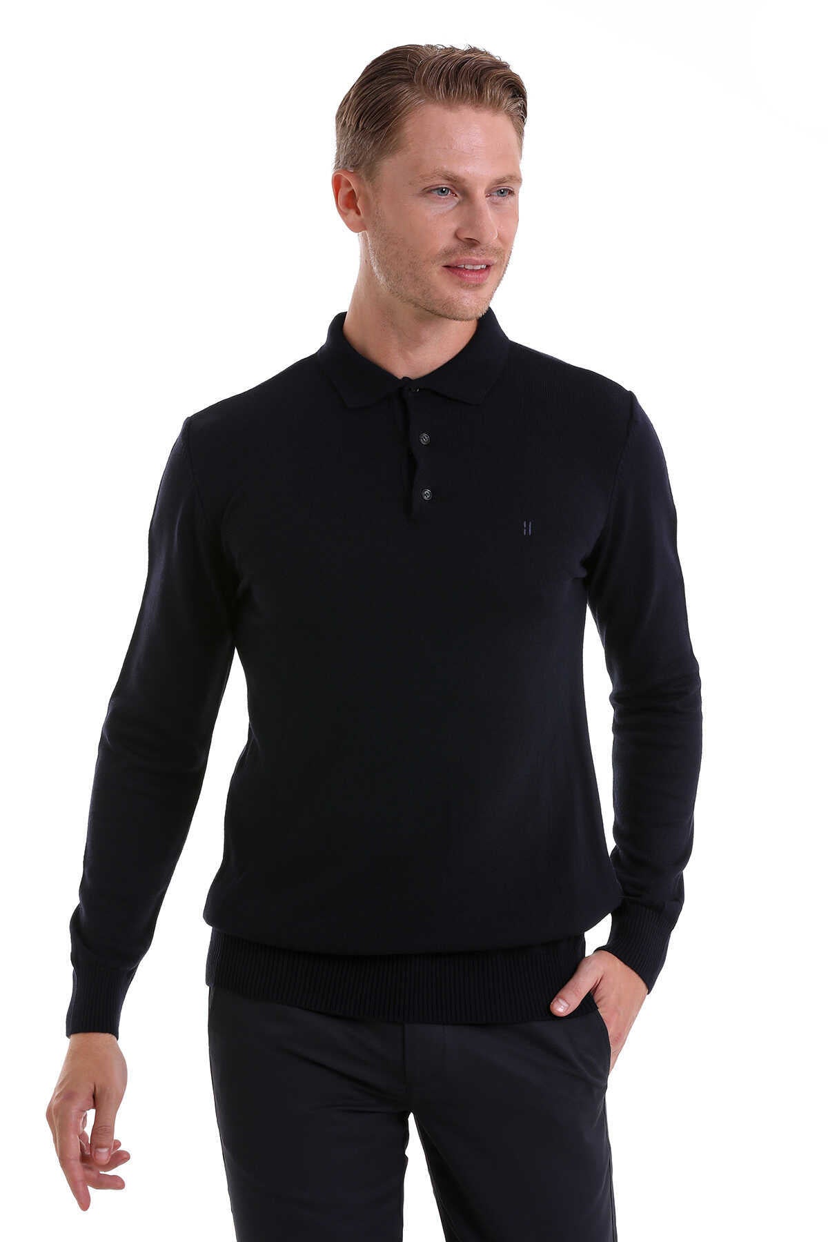 Regular Fit Navy Knit Polo Sweater - SAYKI