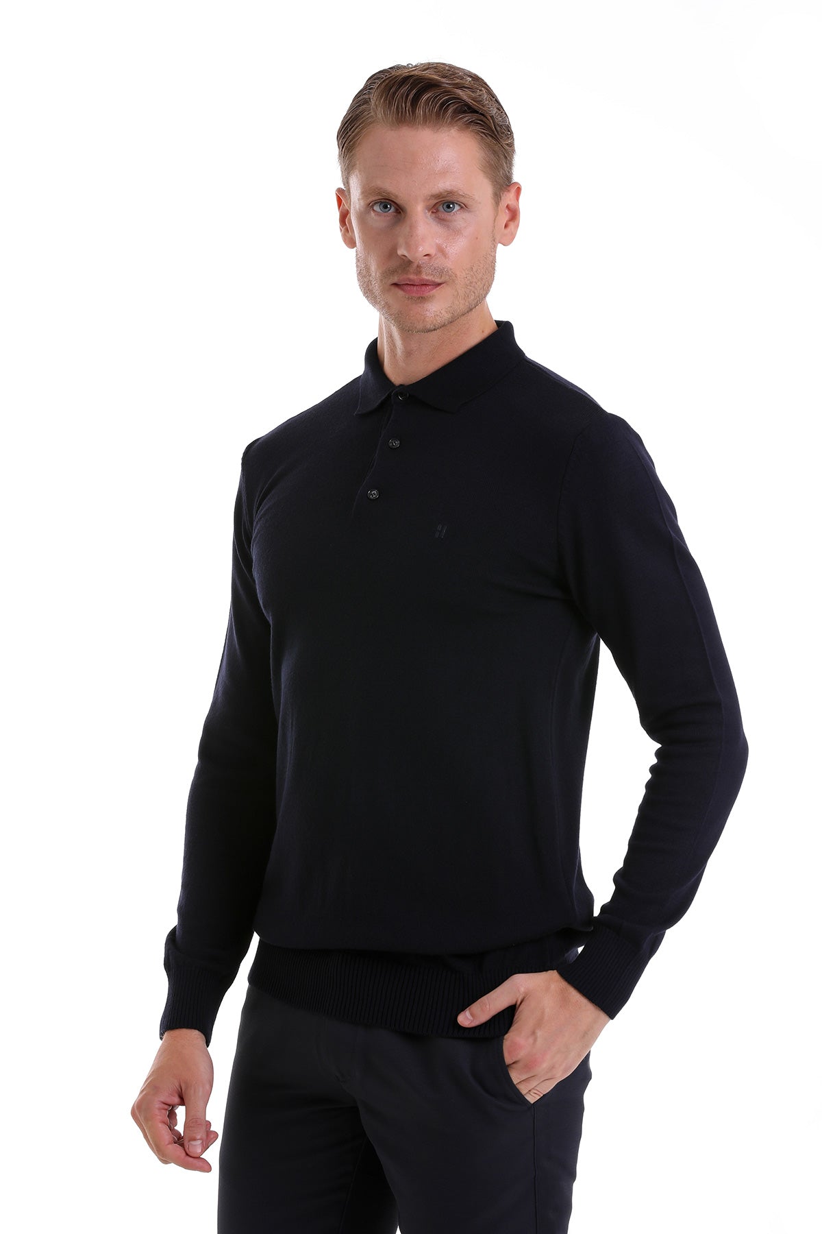 Black long-sleeved polo shirt with a classic collar and subtle buttoned placket.