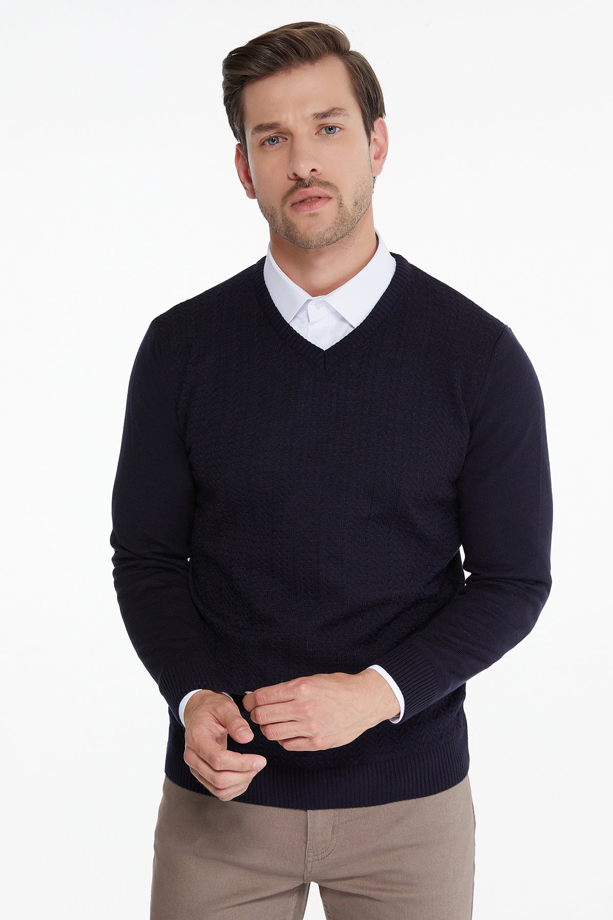 Regular Fit Navy V-Neck Sweater - SAYKI
