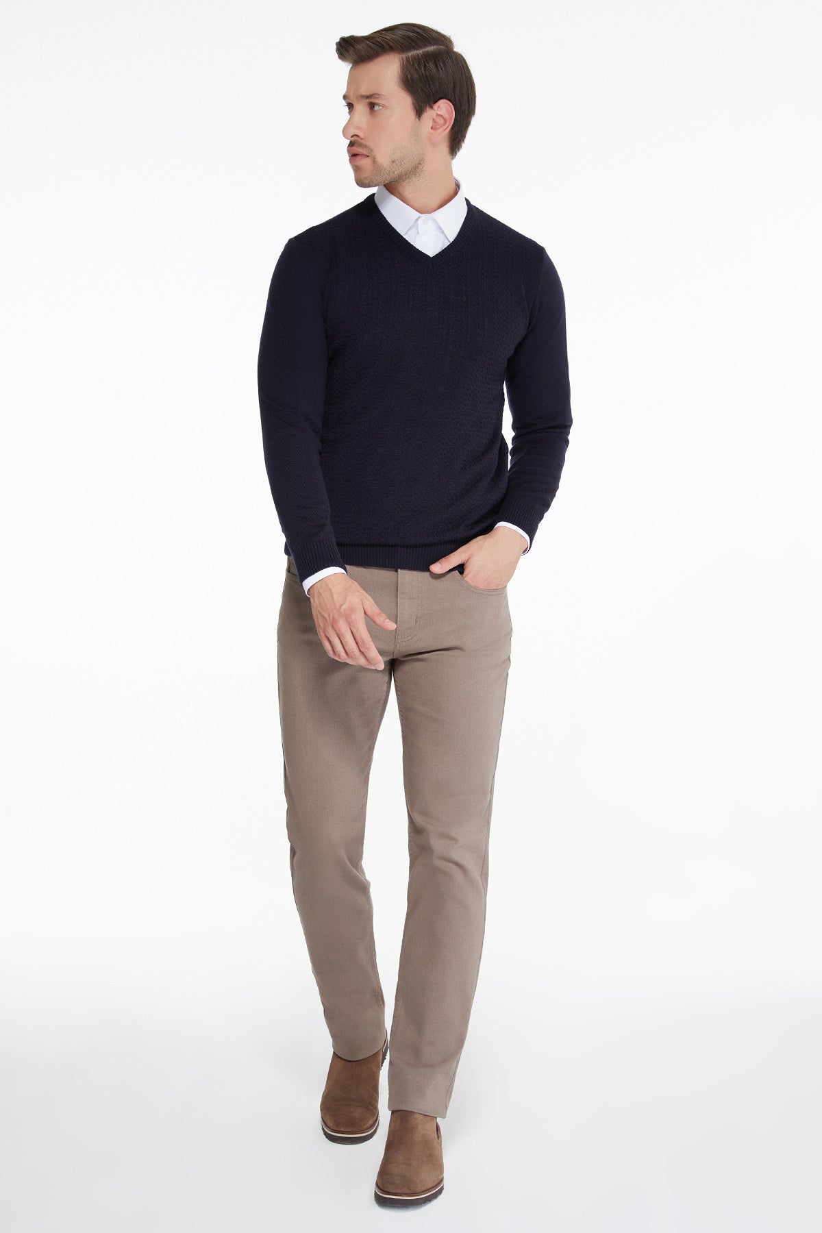 Regular Fit Navy V-Neck Sweater - SAYKI