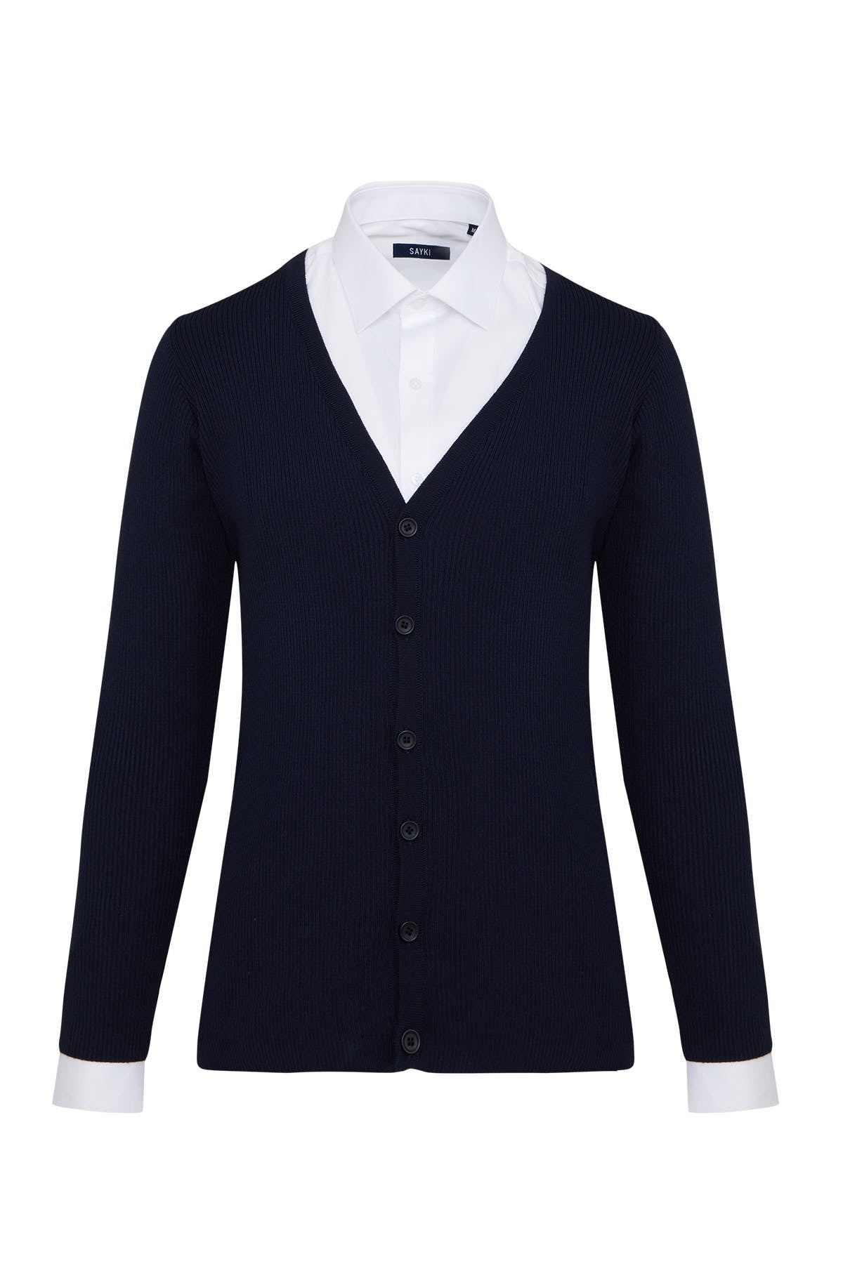 Navy blue ribbed knit cardigan with white buttoned cuffs and collar detail