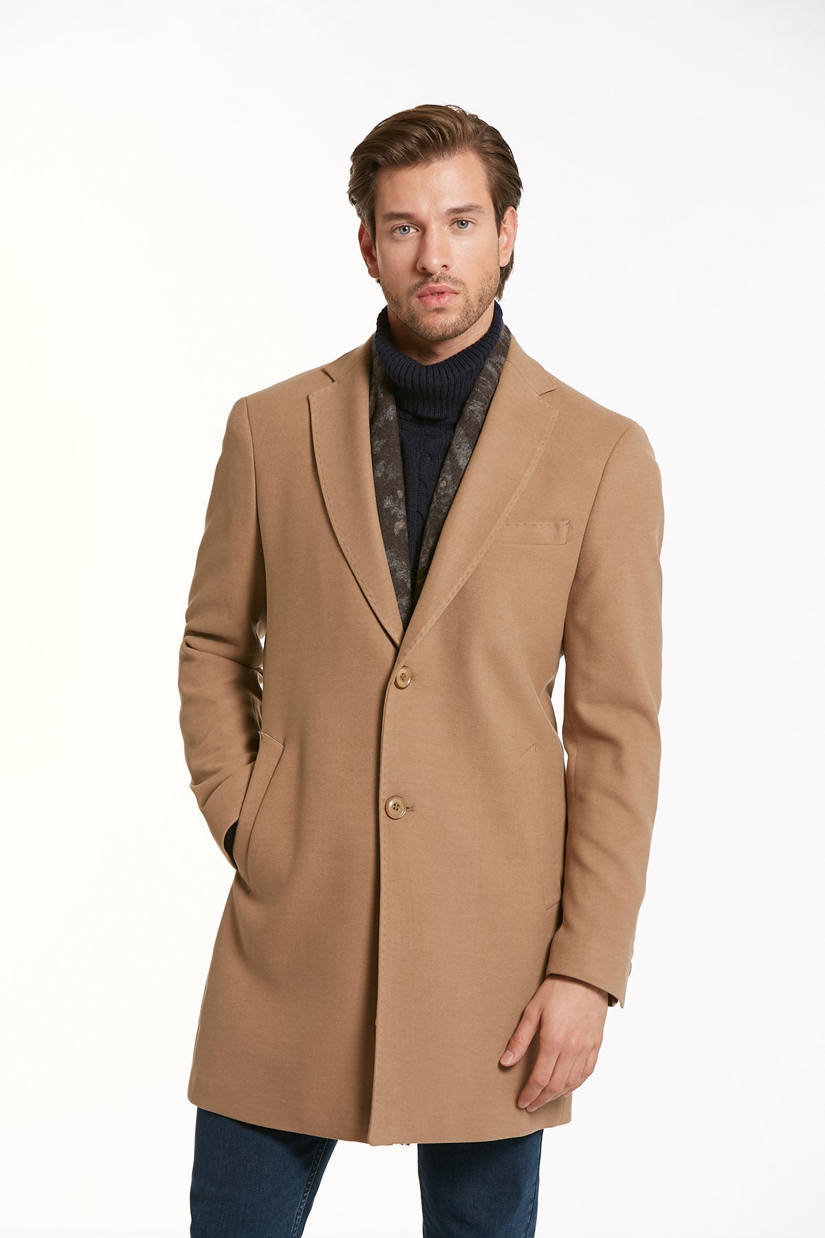 Tan wool overcoat with notched lapels and two front buttons