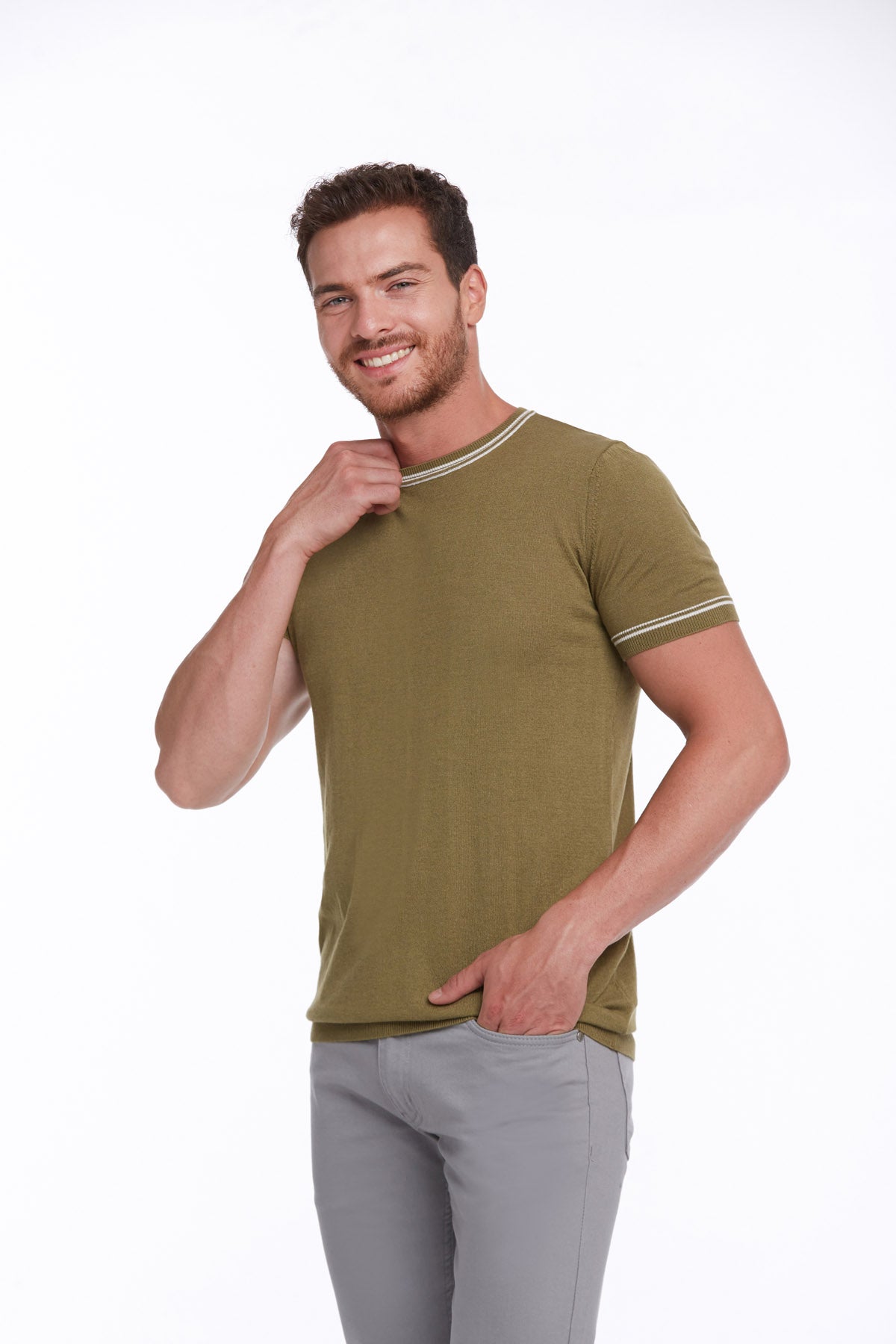 Regular Fit Olive Basic Crew Neck T-Shirt - SAYKI