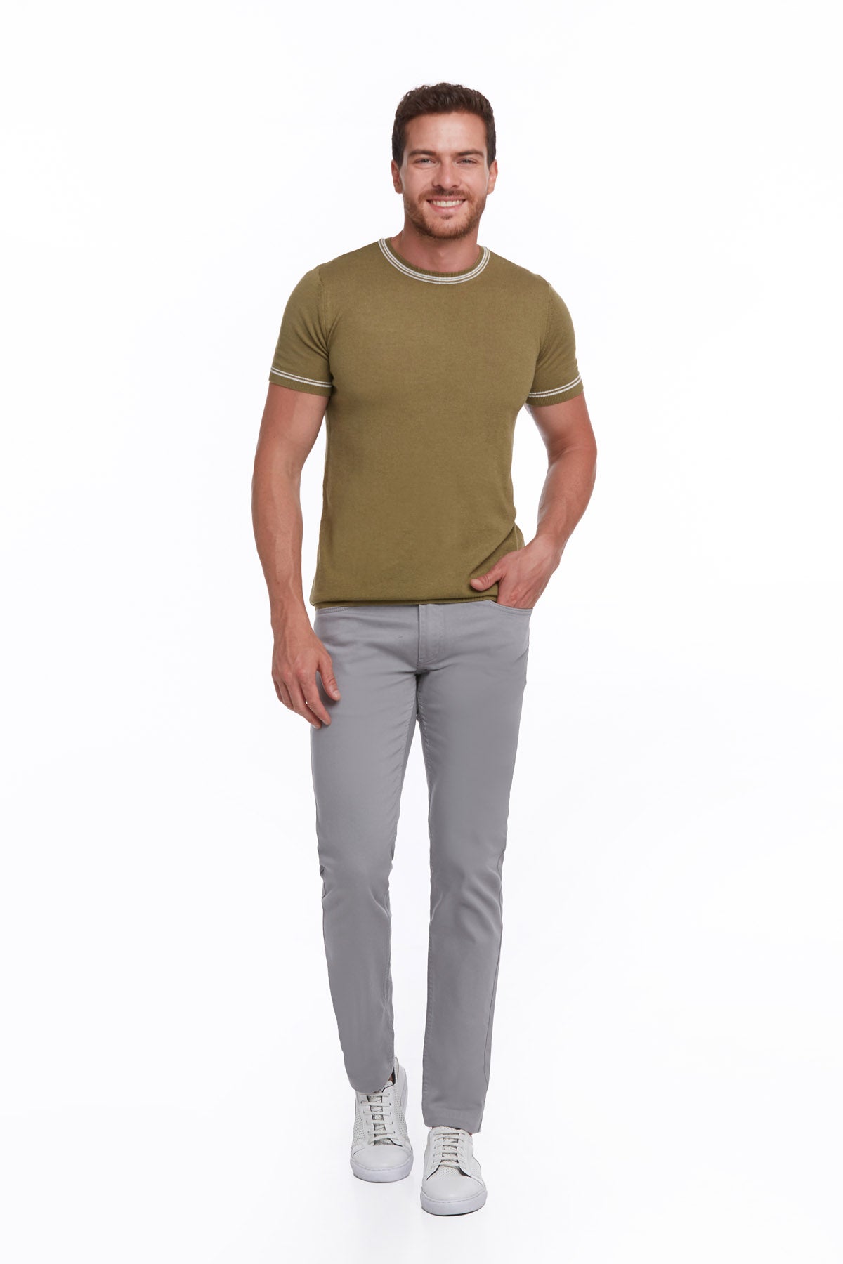 Regular Fit Olive Basic Crew Neck T-Shirt - SAYKI