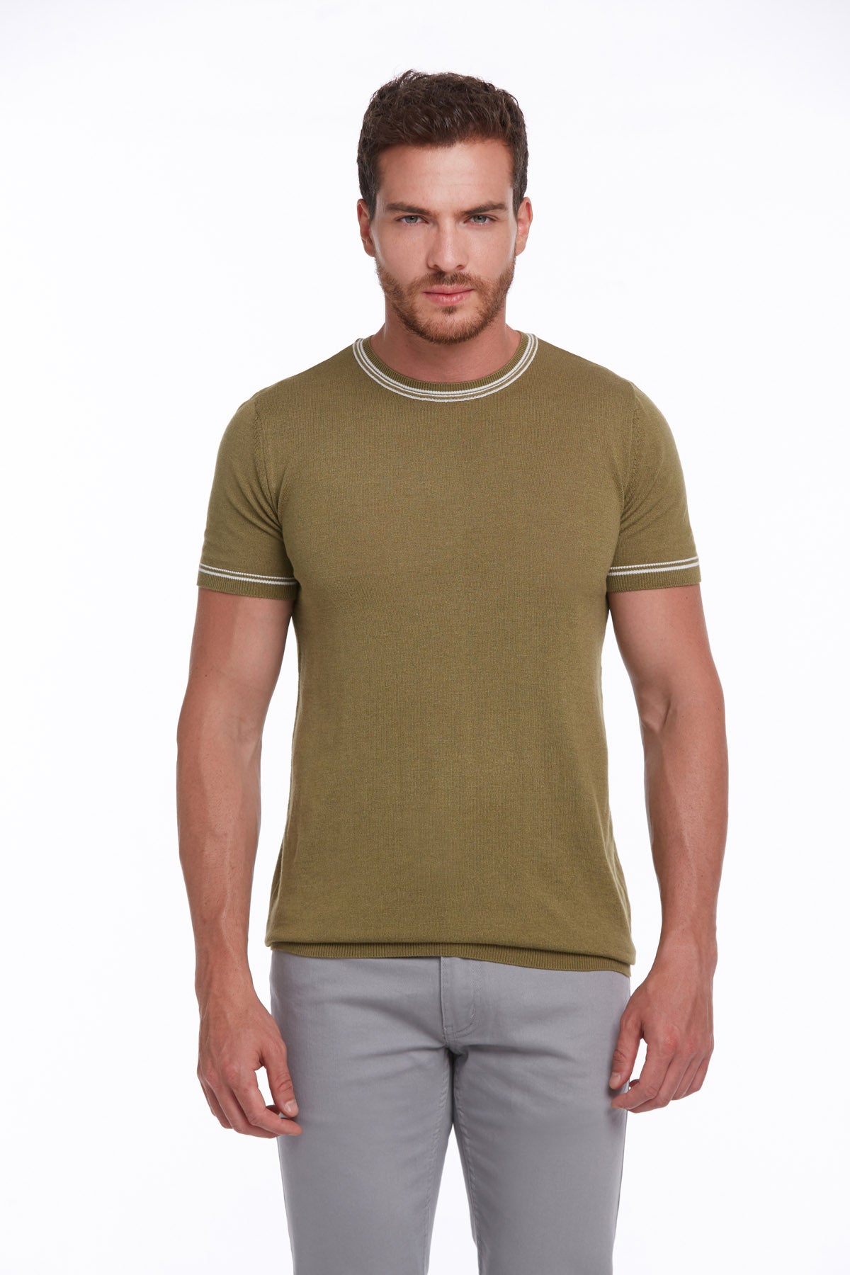 Regular Fit Olive Basic Crew Neck T-Shirt - SAYKI