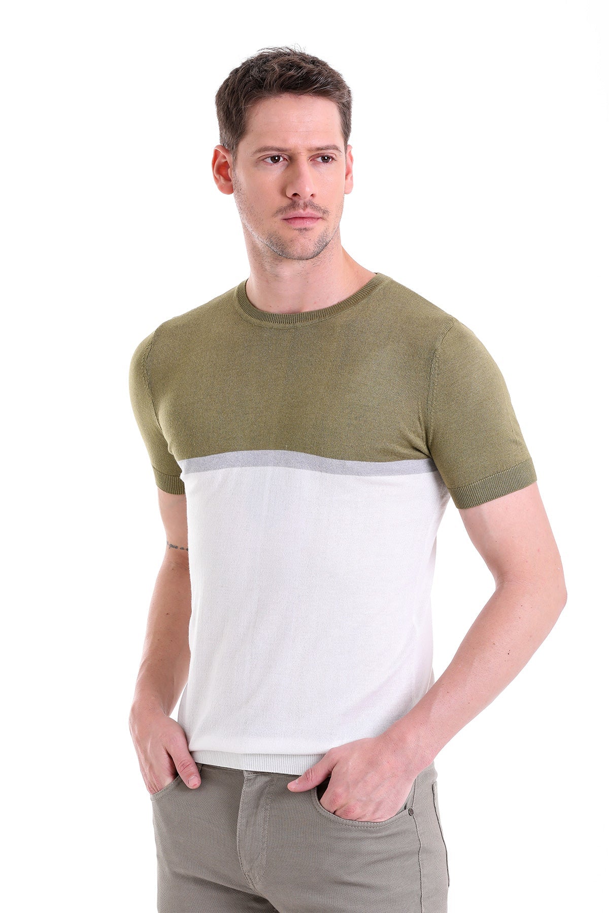 Regular Fit Olive Crew Neck T-Shirt - SAYKI