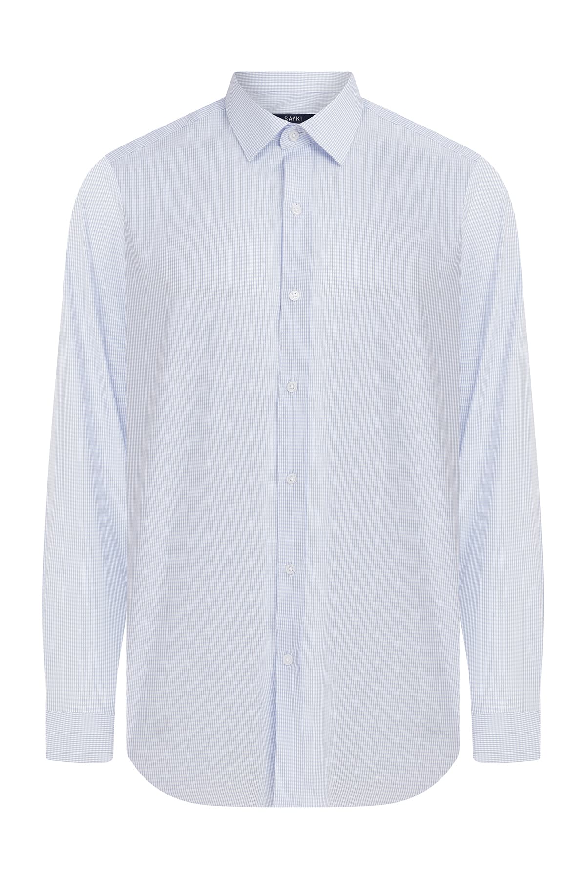 A crisp white button-down shirt with a subtle blue and gray checkered pattern, featuring long sleeves and a classic collar.