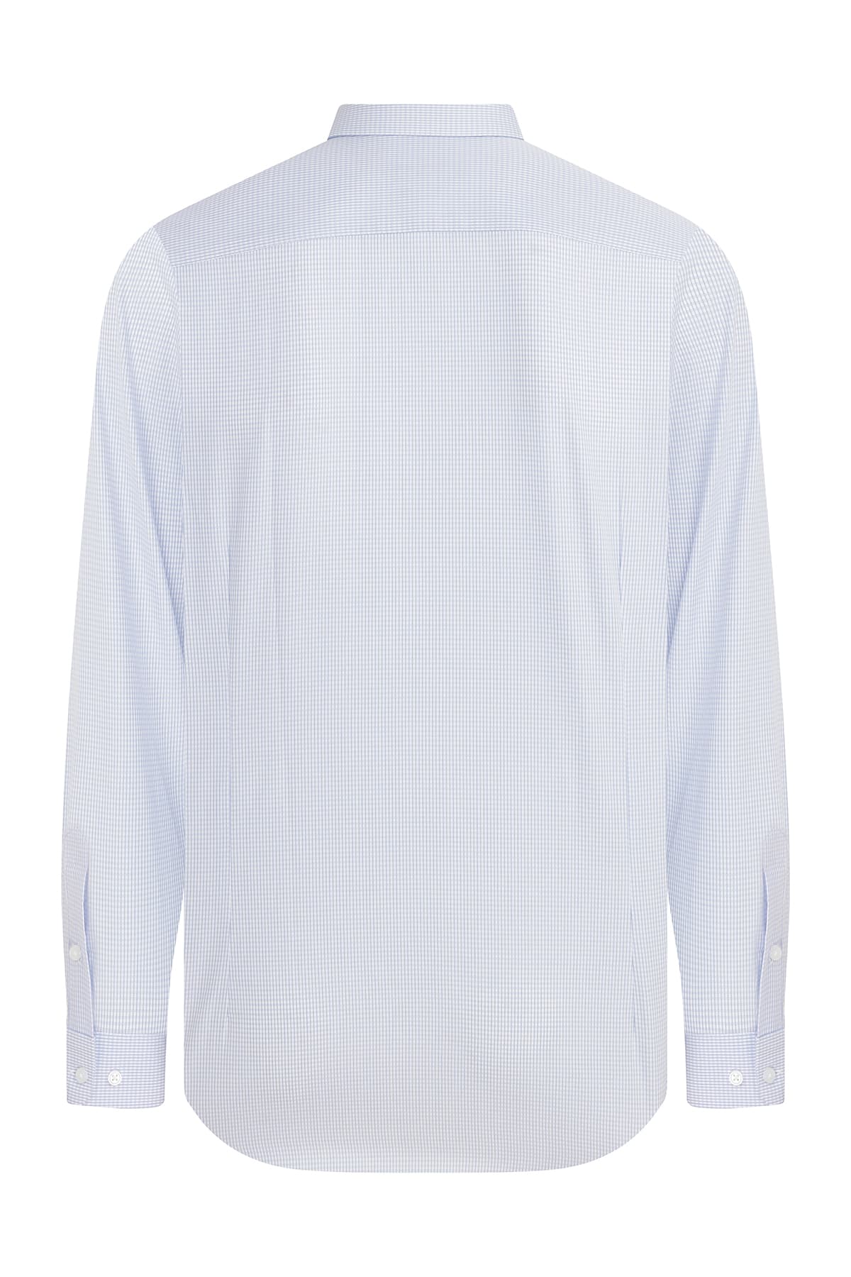 A crisp white long-sleeved dress shirt with a subtle fine check pattern.