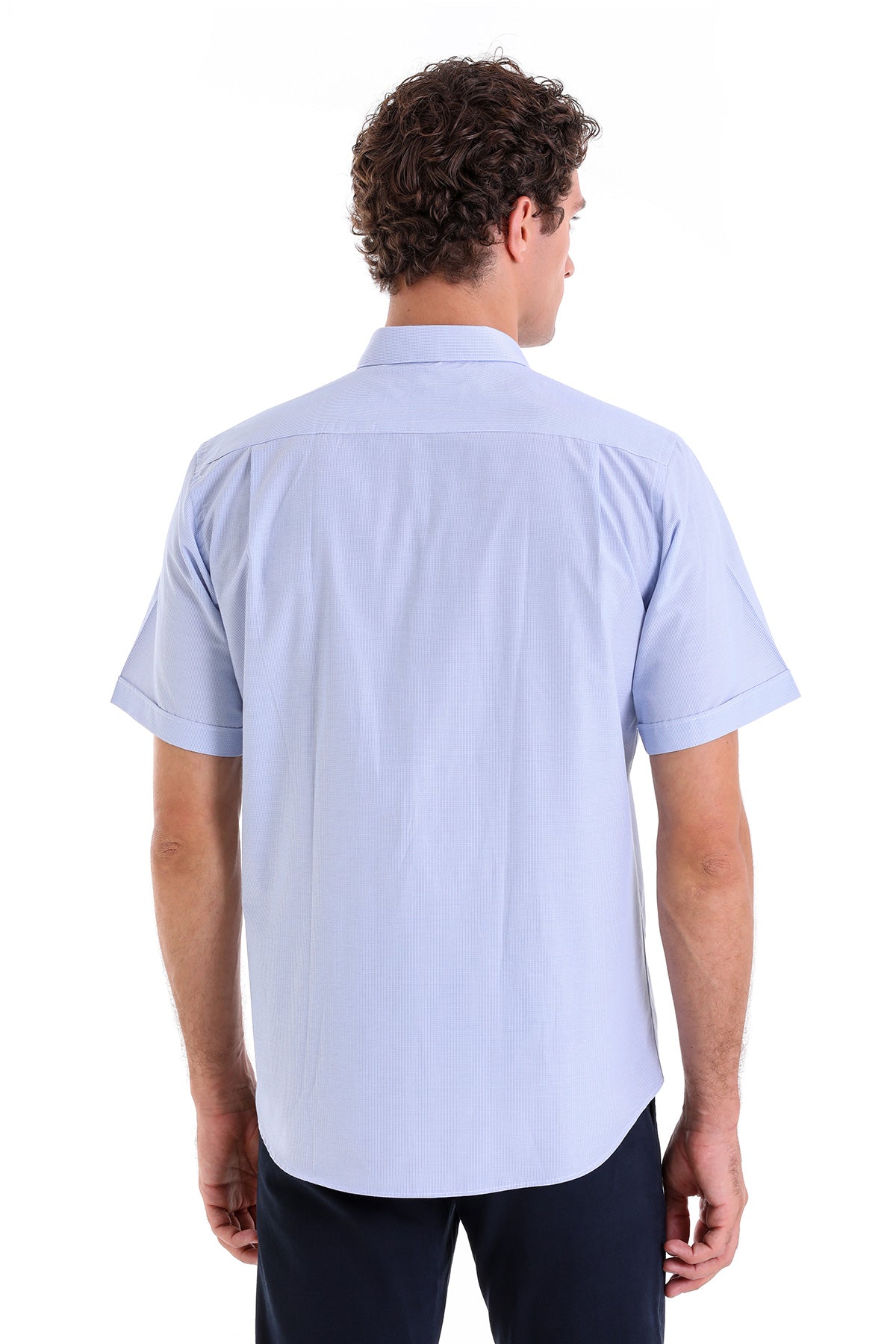 Light blue short-sleeved dress shirt with a classic collar and neatly folded cuffs.