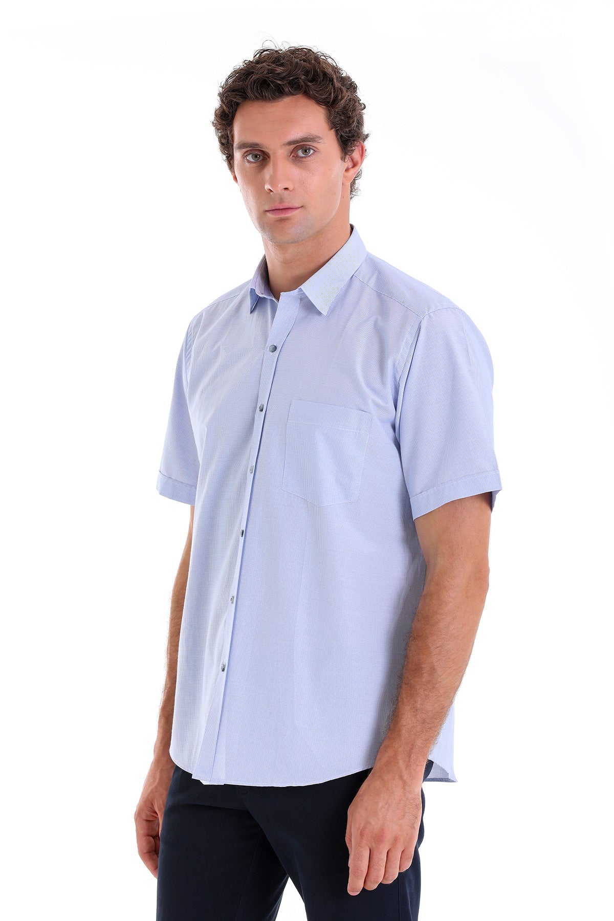 Light blue short-sleeved button-down shirt with a classic collar and chest pocket.