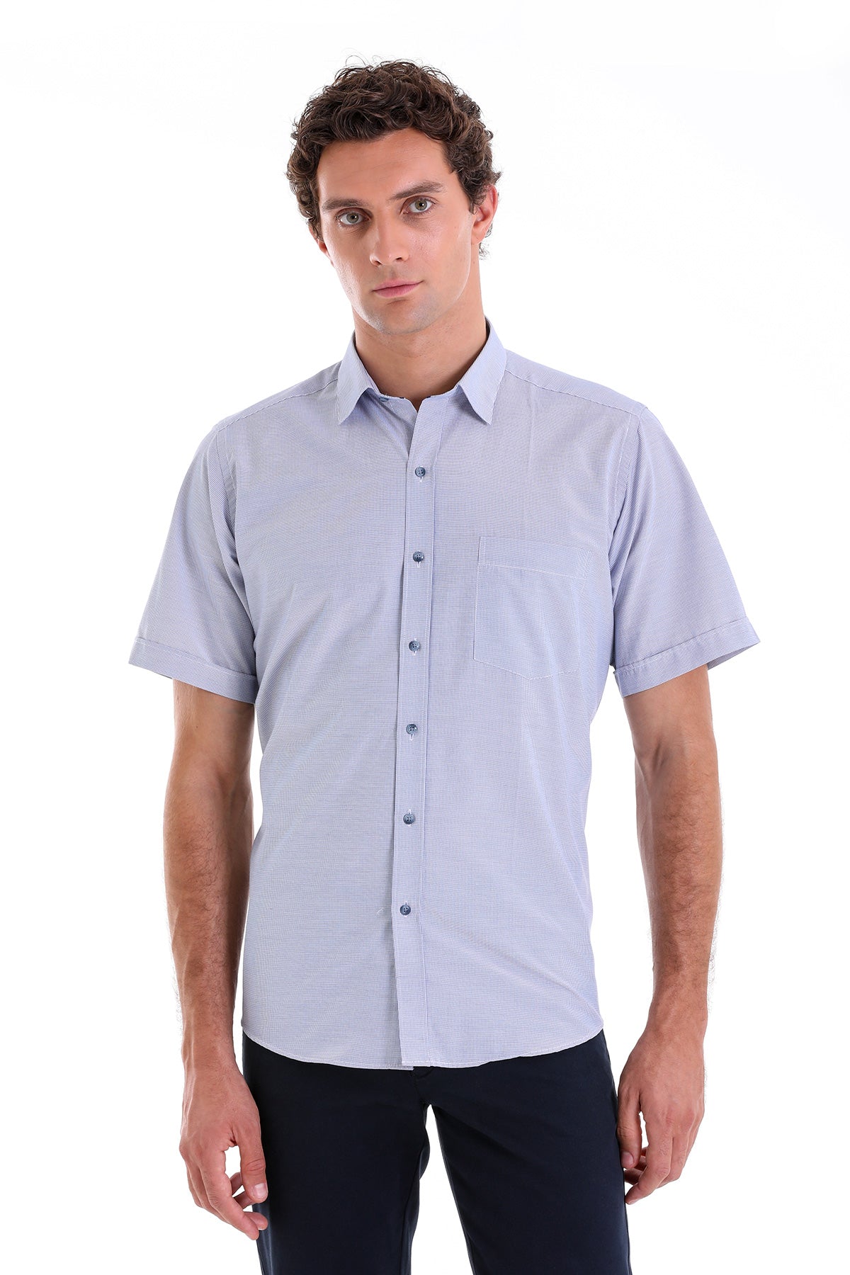 Regular Fit Pin Check Cotton Blend Navy Dress Shirt - SAYKI